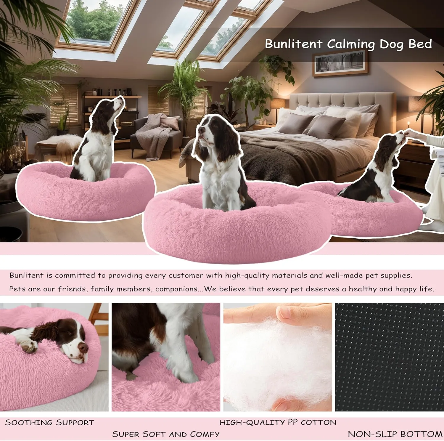39'' inch Calming Dog Bed, Anti-Anxiety Donut Bed for Medium Large Dogs, Warming Cozy Soft Cute Round Washable, Marshmallow Cuddler Nest Puppy Dogs and Cats Bed,Pink