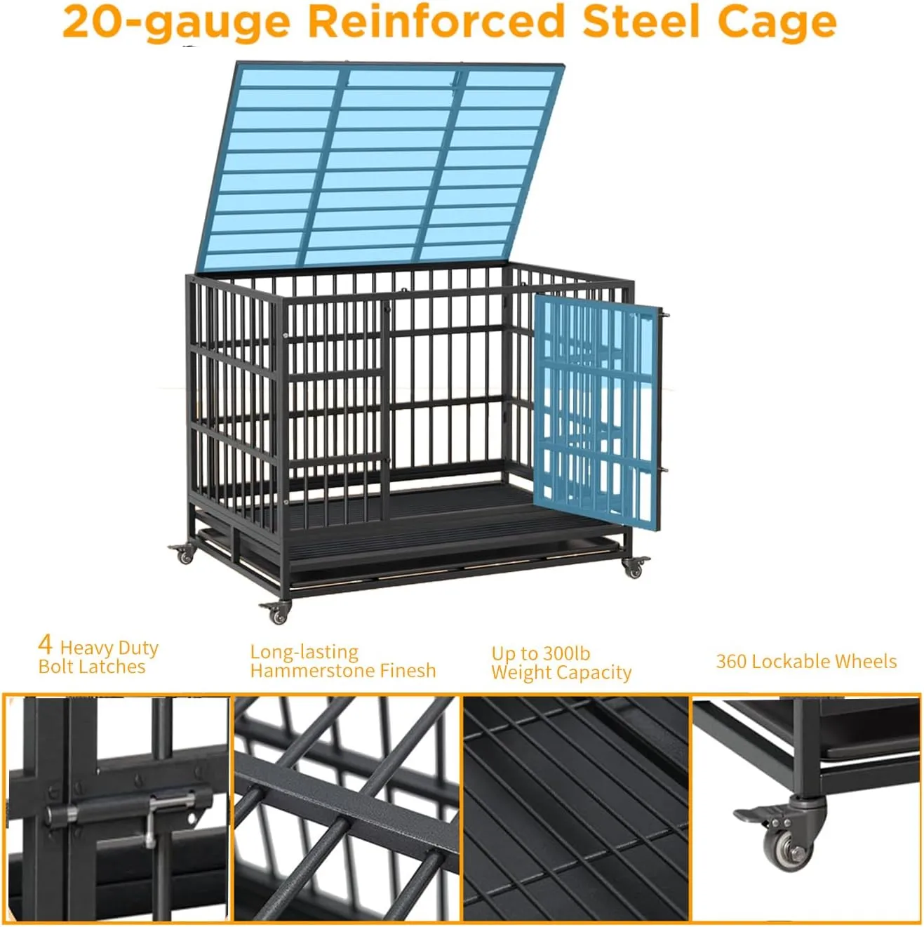 42inch Heavy Duty Indestructible Dog Crate Steel Escape Proof,Indoor Dog House High Anxiety Cage,Kennel with Wheels,Removable Tray