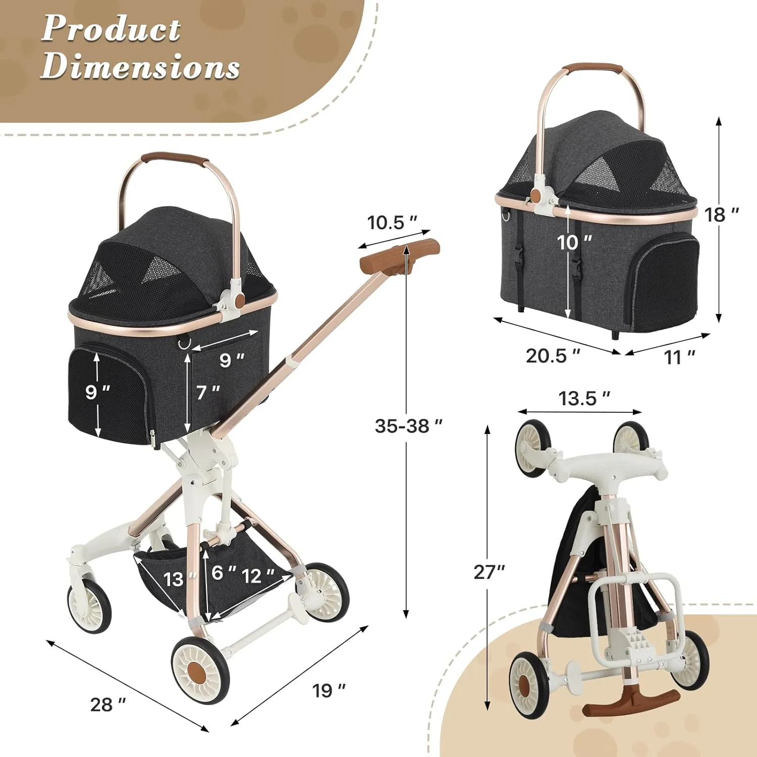 Athena collection Dog Stroller for Small Dogs,One-Hand-Fold Pet Stroller with Detachable Carrier,Lightweight Cat Stroller up to 22lbs(Dark Gray)