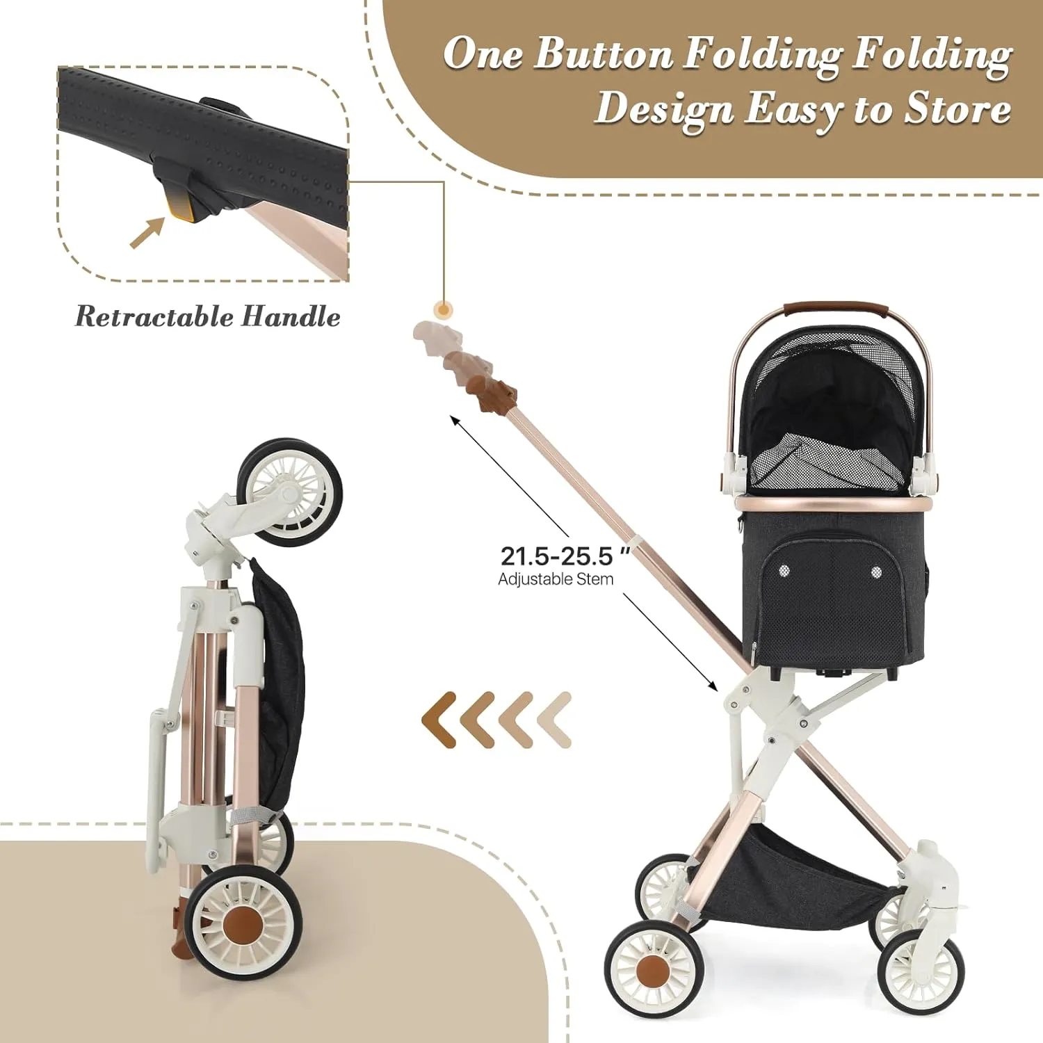 Athena collection Dog Stroller for Small Dogs,One-Hand-Fold Pet Stroller with Detachable Carrier,Lightweight Cat Stroller up to 22lbs(Dark Gray)