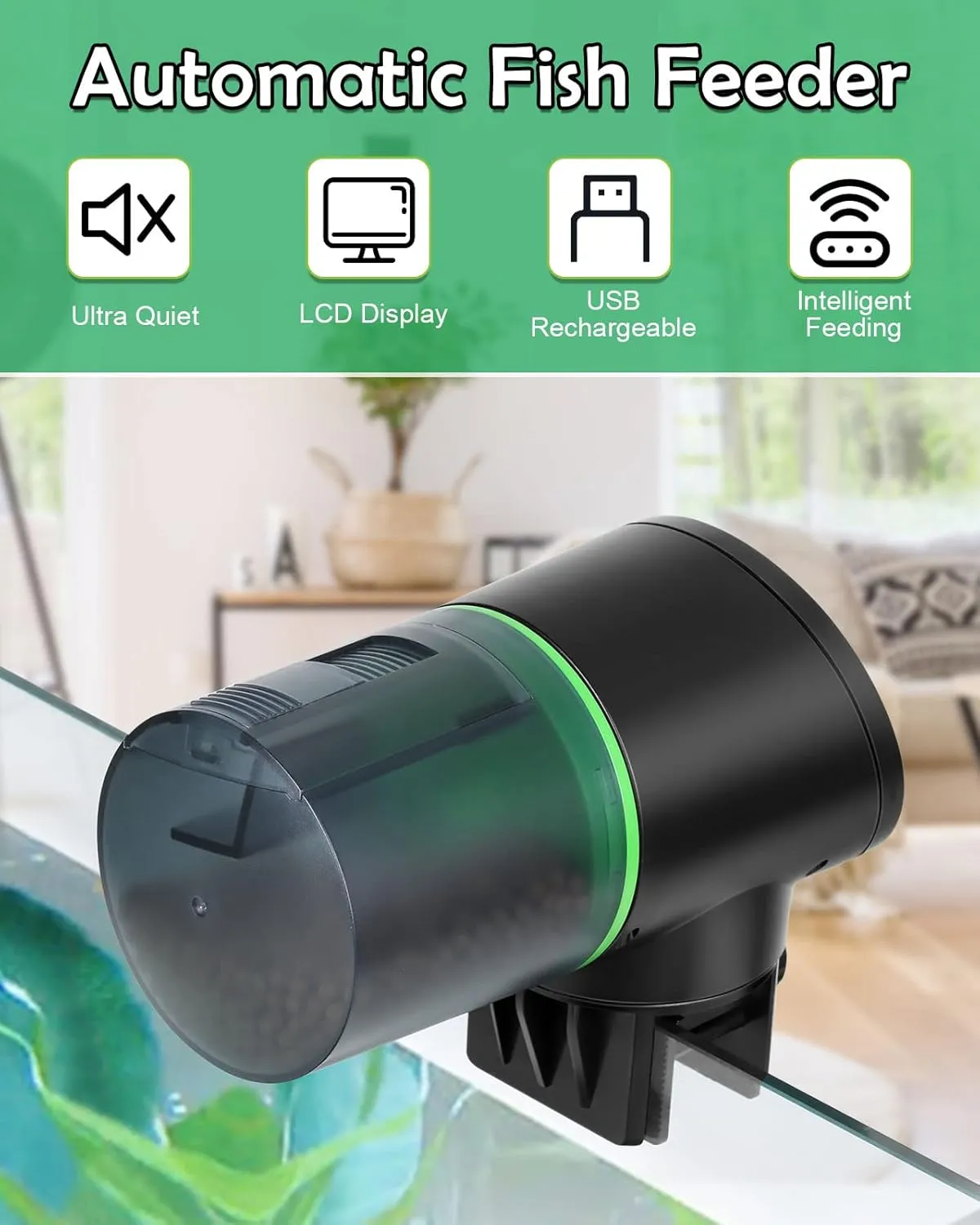 Automatic Fish Feeder for Aquariums - Rechargeable Auto Fish Food Dispenser Timer Feeder with USB Charger CableLCD Screen, Customized Schedule
