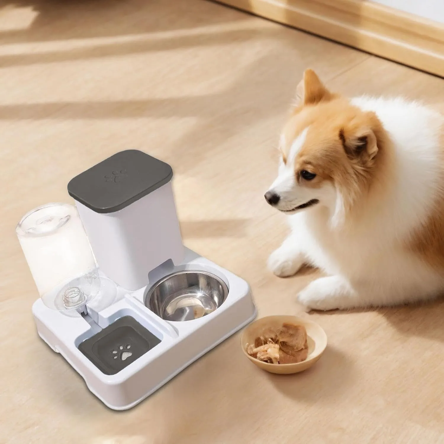 Automatic Pet Feeder, Cat Food and Water Bowl Set, Removable 2 in 1 Feeder and Waterer Set, This Two-Piece Set is Suitable for Pet Feeding, Including Small and Medium-Sized Dogs, Kittens (Grey)
