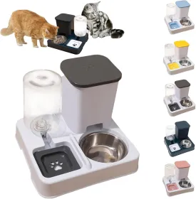 Automatic Pet Feeder, Cat Food and Water Bowl Set, Removable 2 in 1 Feeder and Waterer Set, This Two-Piece Set is Suitable for Pet Feeding, Including Small and Medium-Sized Dogs, Kittens (Grey)