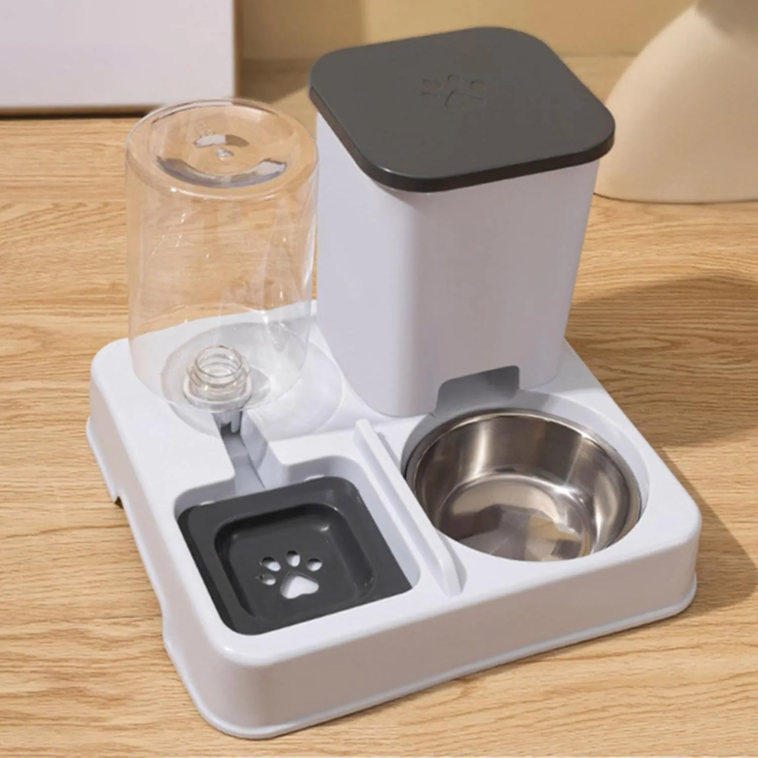 Automatic Pet Feeder, Cat Food and Water Bowl Set, Removable 2 in 1 Feeder and Waterer Set, This Two-Piece Set is Suitable for Pet Feeding, Including Small and Medium-Sized Dogs, Kittens (Grey)