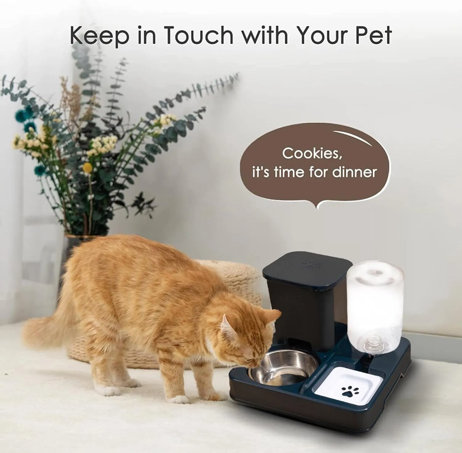 Automatic Pet Feeder, Cat Food and Water Bowl Set, Removable 2 in 1 Feeder and Waterer Set, This Two-Piece Set is Suitable for Pet Feeding, Including Small and Medium-Sized Dogs, Kittens (Grey)