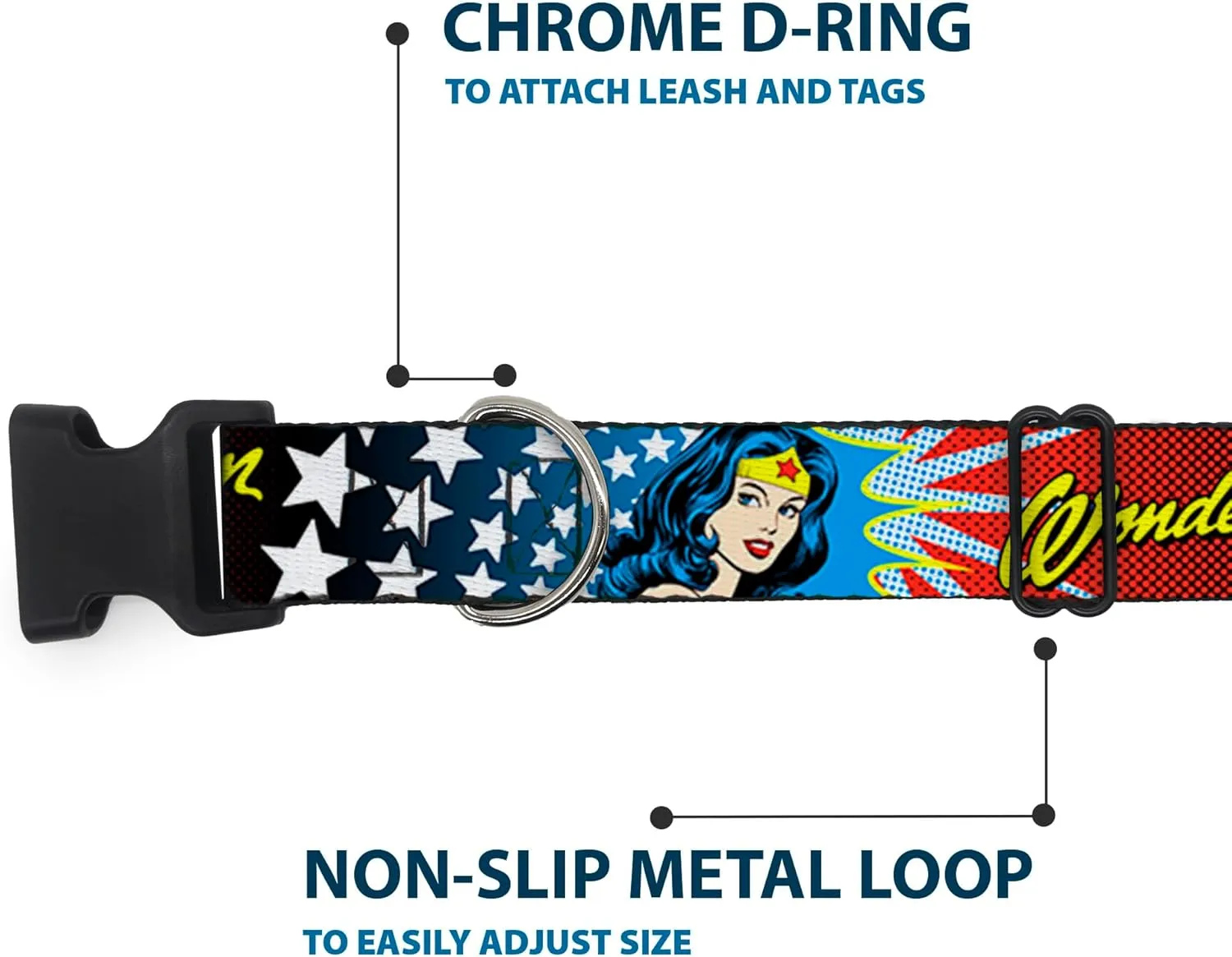 Buckle-Down Plastic Clip Collar - Wonder Woman Face w/Stars - 1.5" Wide - Fits 16-23" Neck - Medium