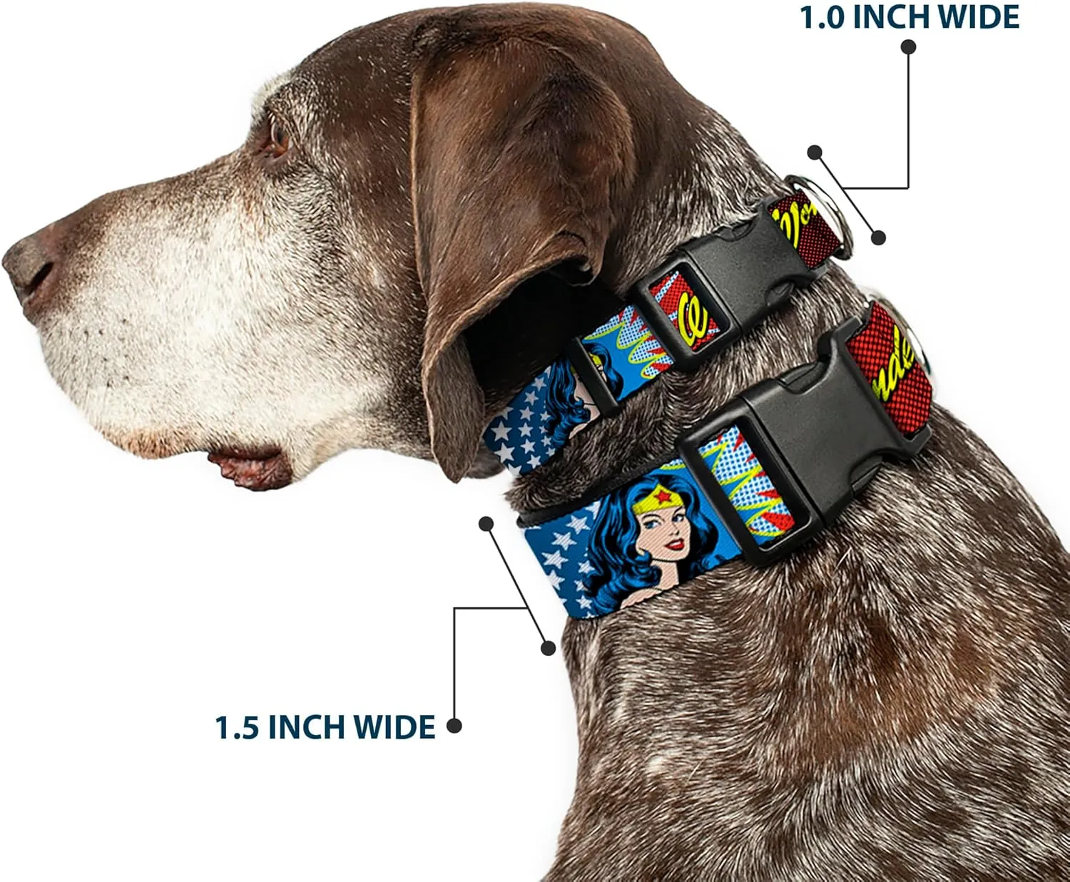 Buckle-Down Plastic Clip Collar - Wonder Woman Face w/Stars - 1.5" Wide - Fits 16-23" Neck - Medium