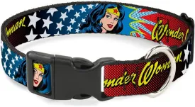 Buckle-Down Plastic Clip Collar - Wonder Woman Face w/Stars - 1.5" Wide - Fits 16-23" Neck - Medium