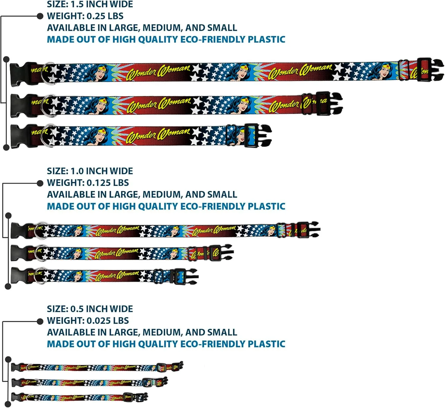 Buckle-Down Plastic Clip Collar - Wonder Woman Face w/Stars - 1.5" Wide - Fits 16-23" Neck - Medium