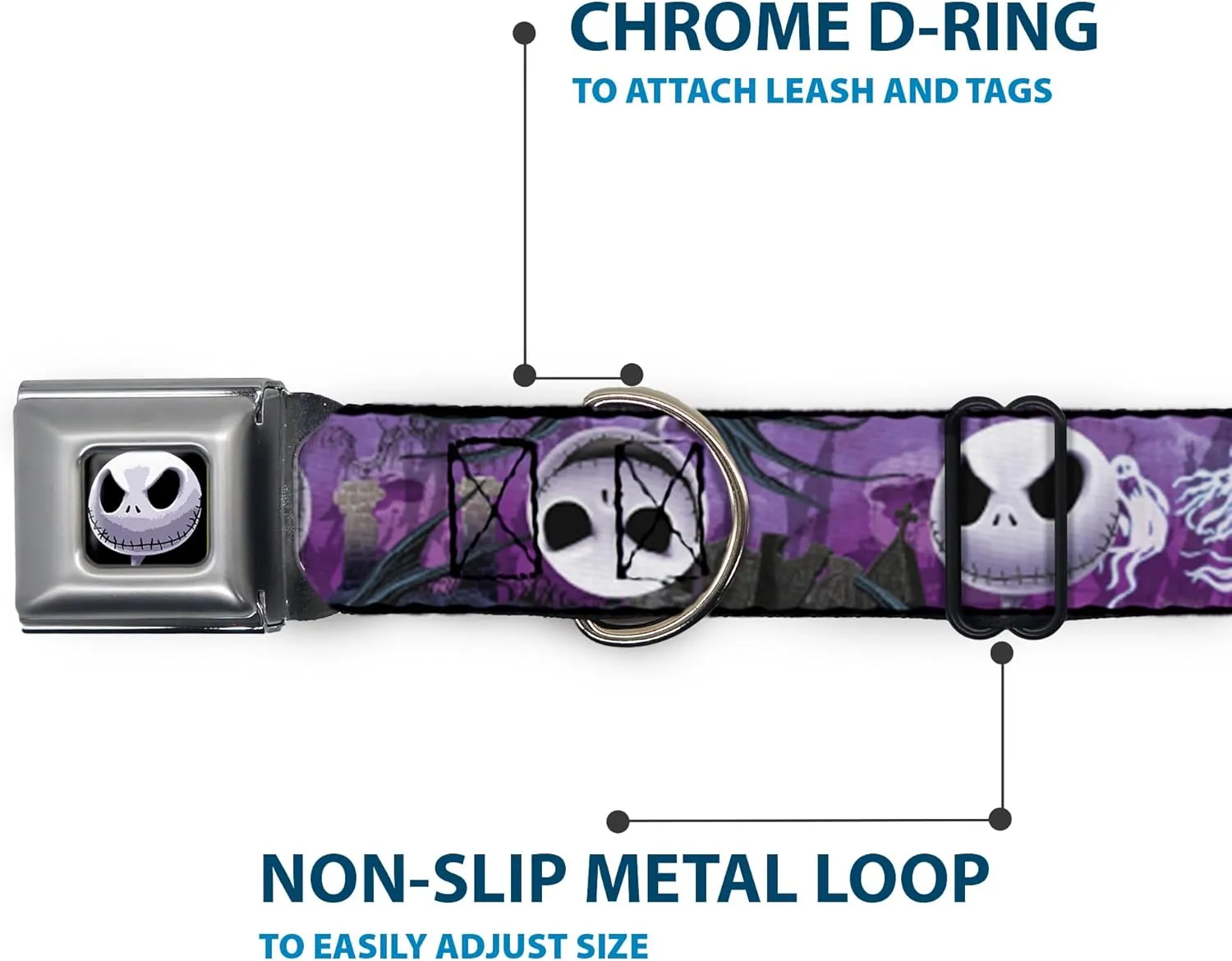 Buckle-Down Seatbelt Buckle Dog Collar - Jack Expressions/Ghosts in Cemetery Purples/Grays/White - 1.5" Wide - Fits 16-23" Neck - Medium