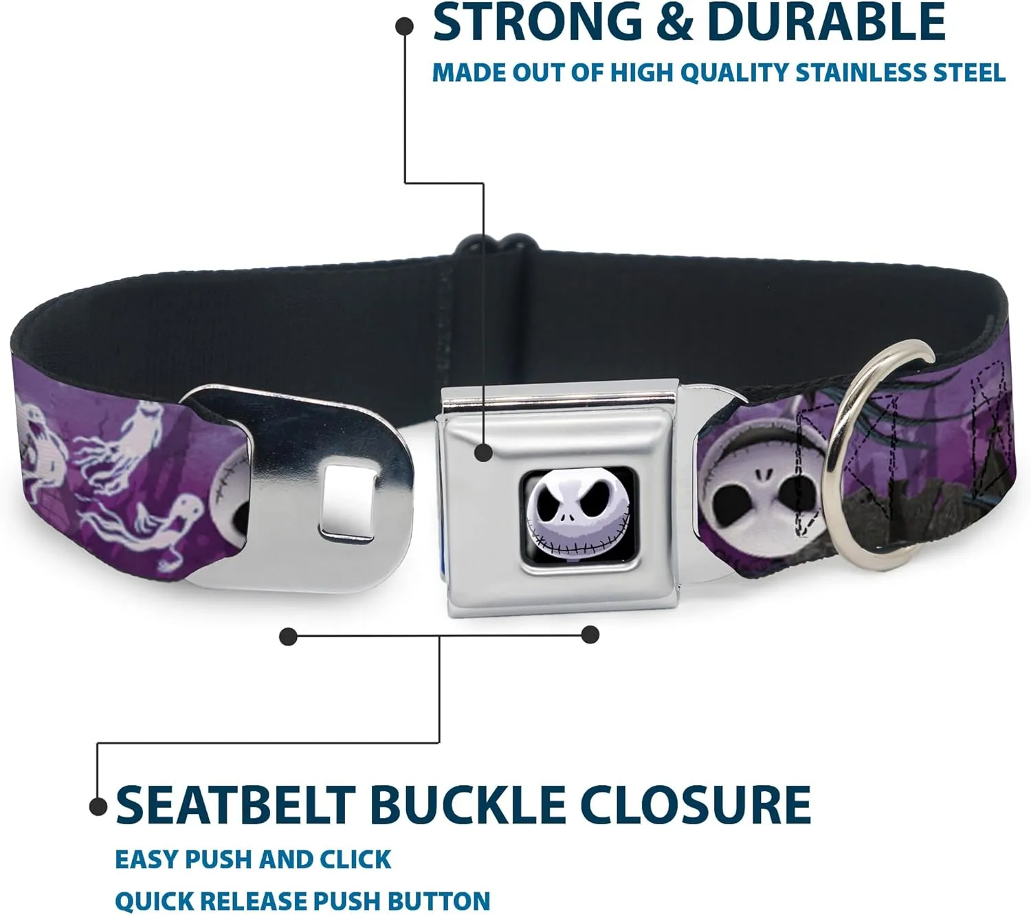 Buckle-Down Seatbelt Buckle Dog Collar - Jack Expressions/Ghosts in Cemetery Purples/Grays/White - 1.5" Wide - Fits 16-23" Neck - Medium