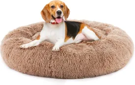 Calming Donut Cat & Dog Bed for Small Pets, Machine Washable Cozy Fluffy Faux Fur Round Bed, Anti-Anxiety Waterproof Non-Slip Pet Bed, Brown, 20208 Inches