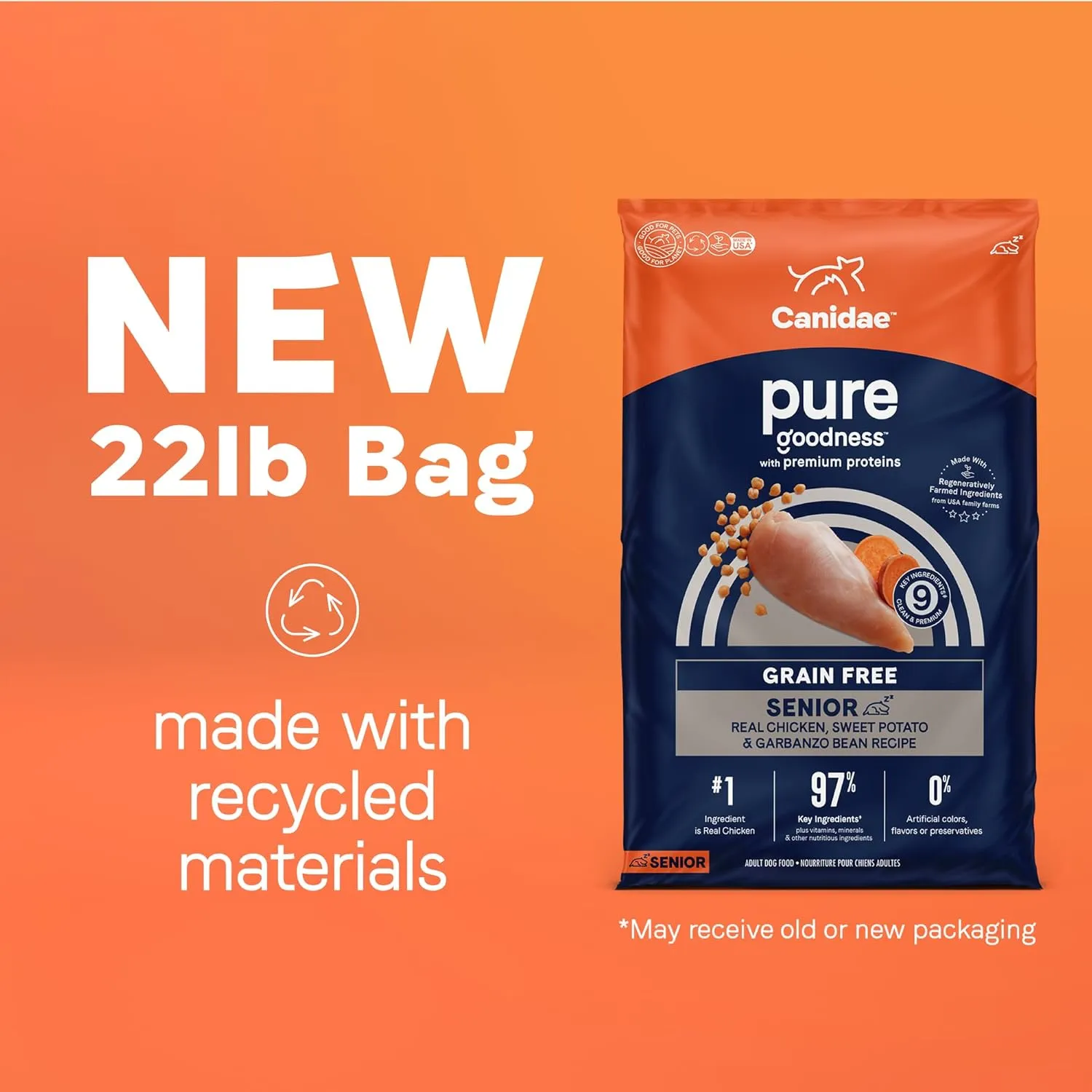 Canidae Pure Limited Ingredient Premium Dry Dog Food for Seniors, Real Chicken, Sweet Potato & Garbanzo Bean Recipe, 22 lbs, Grain Free