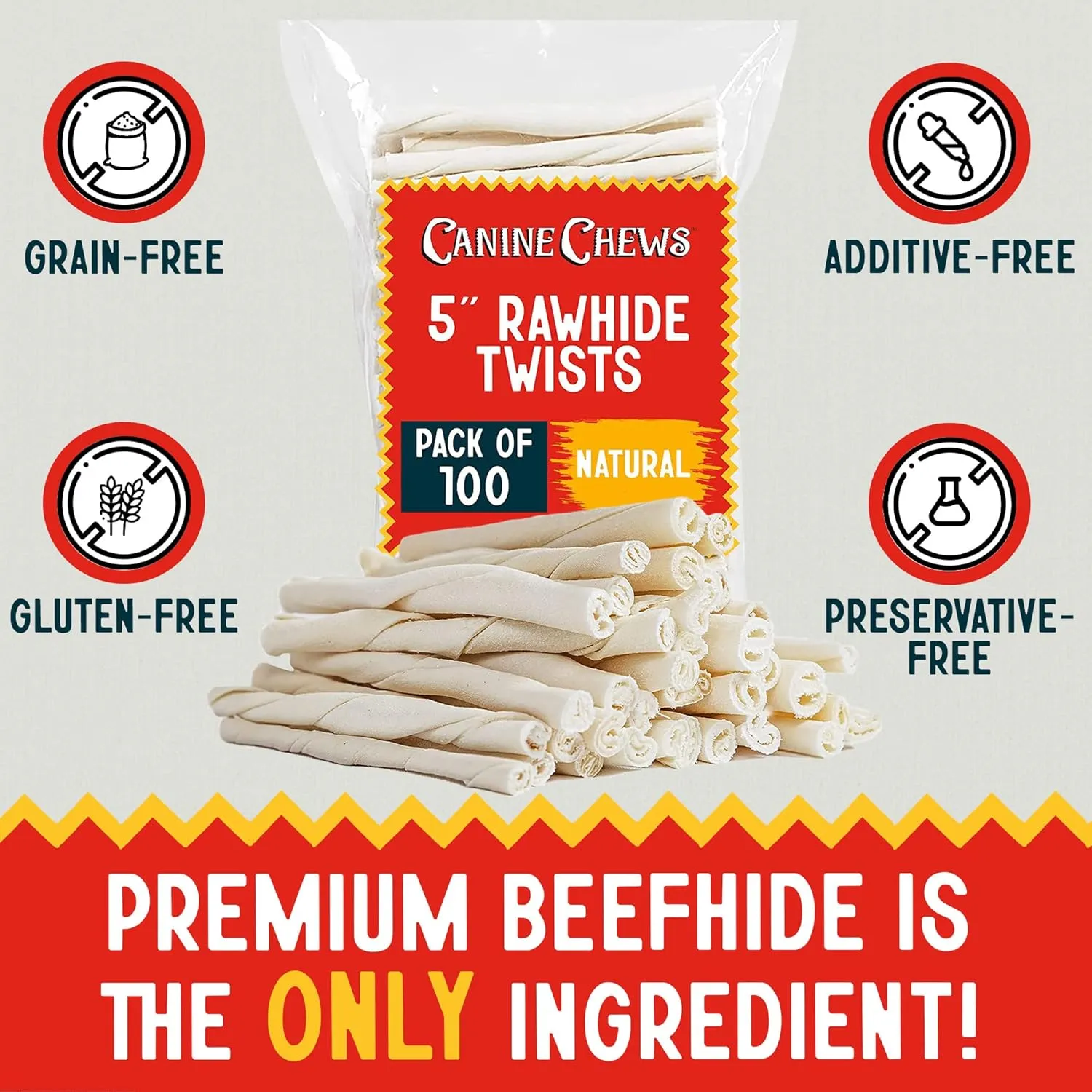 Canine Chews Small Rawhide Twists for Dogs - Pack of 100 5" Dog Treat Stick Twist Beef Dental Chew Dog Toy for Small Dogs and Puppies - Natural Dog Rawhide Sticks