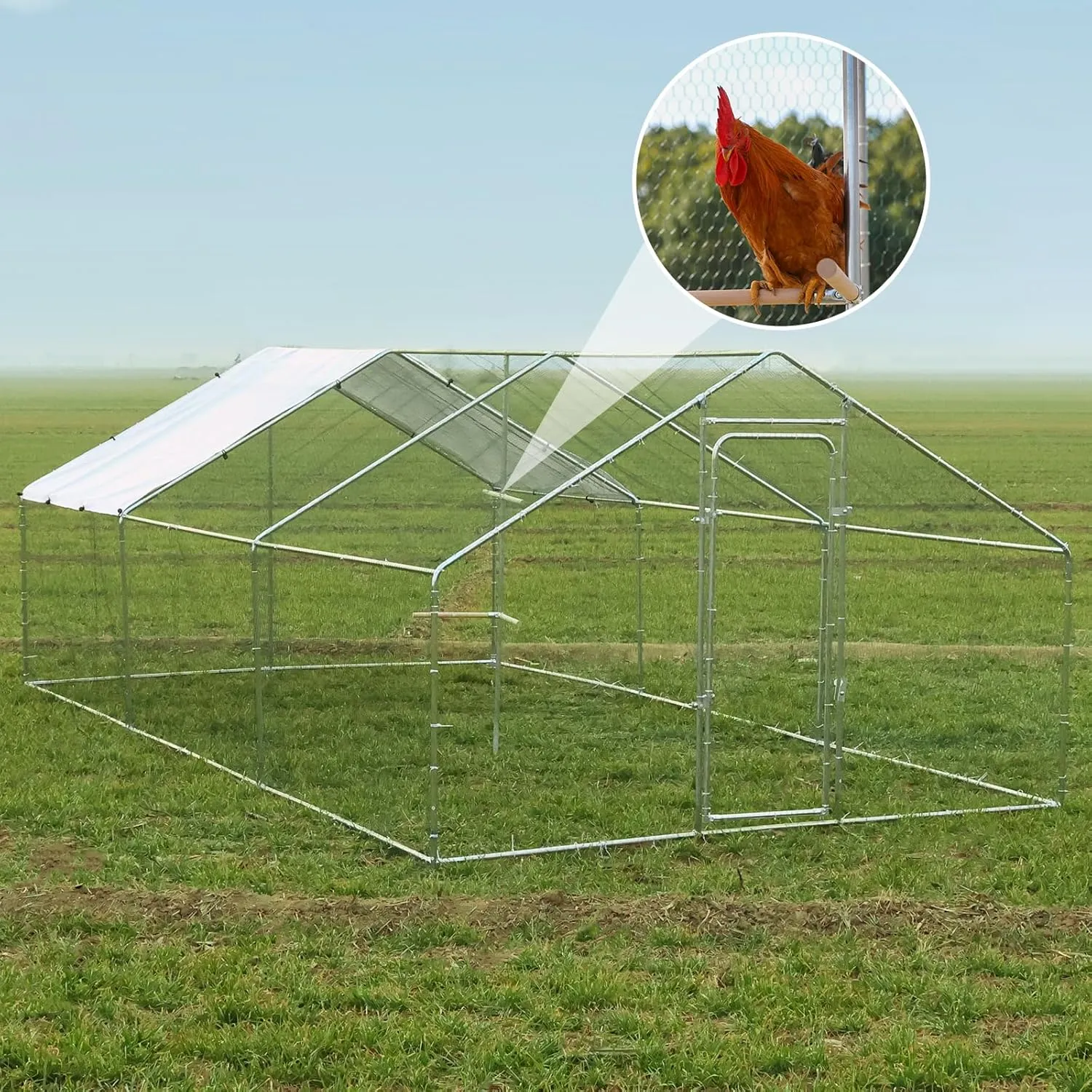 Chicken Coop Large Metal Chicken Run with Chicken Perch, Outdoor Dog Kennel with Roof Waterproof Anti-UV Cover Secure Lock for Outside Backyard Farm (19.7' L x 9.8' W x 6.72' H)
