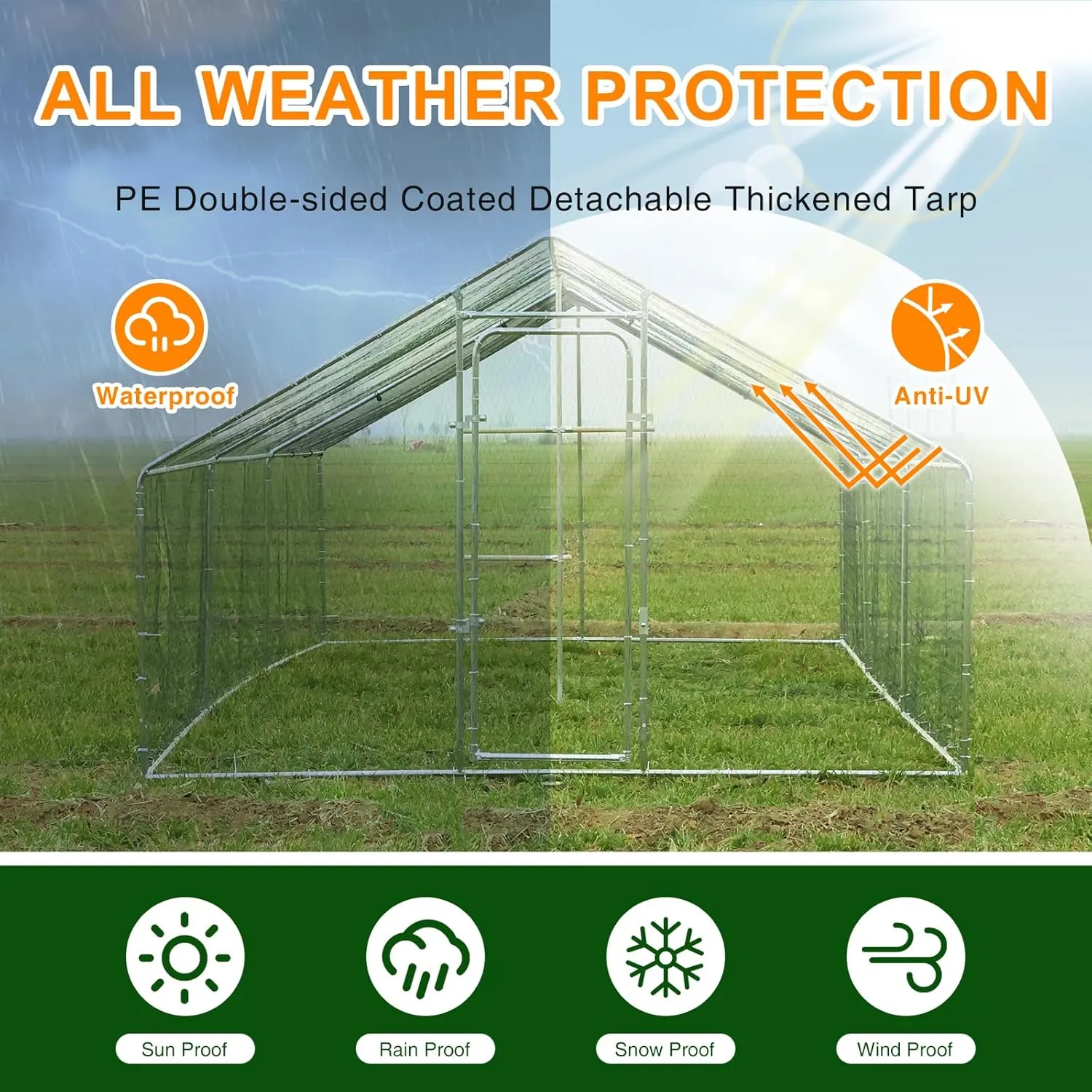 Chicken Coop Large Metal Chicken Run with Chicken Perch, Outdoor Dog Kennel with Roof Waterproof Anti-UV Cover Secure Lock for Outside Backyard Farm (19.7' L x 9.8' W x 6.72' H)