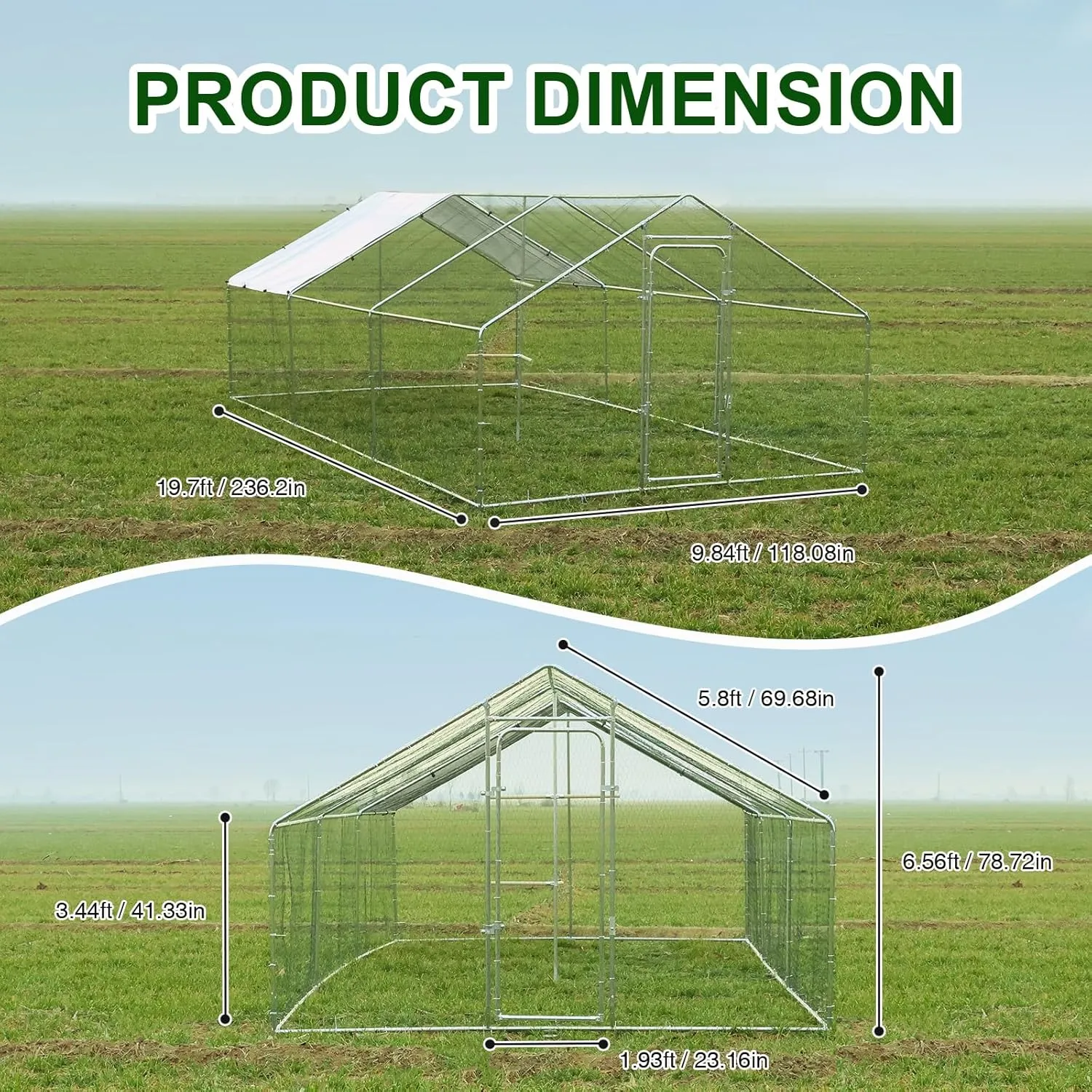 Chicken Coop Large Metal Chicken Run with Chicken Perch, Outdoor Dog Kennel with Roof Waterproof Anti-UV Cover Secure Lock for Outside Backyard Farm (19.7' L x 9.8' W x 6.72' H)