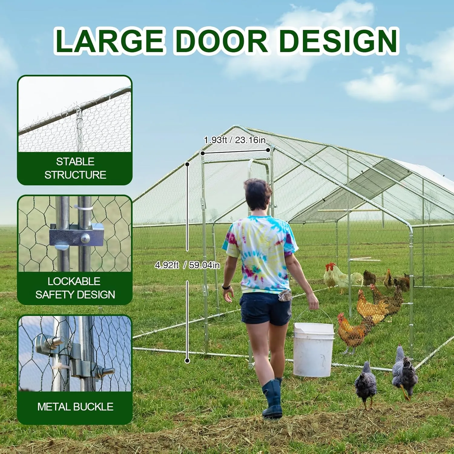 Chicken Coop Large Metal Chicken Run with Chicken Perch, Outdoor Dog Kennel with Roof Waterproof Anti-UV Cover Secure Lock for Outside Backyard Farm (19.7' L x 9.8' W x 6.72' H)