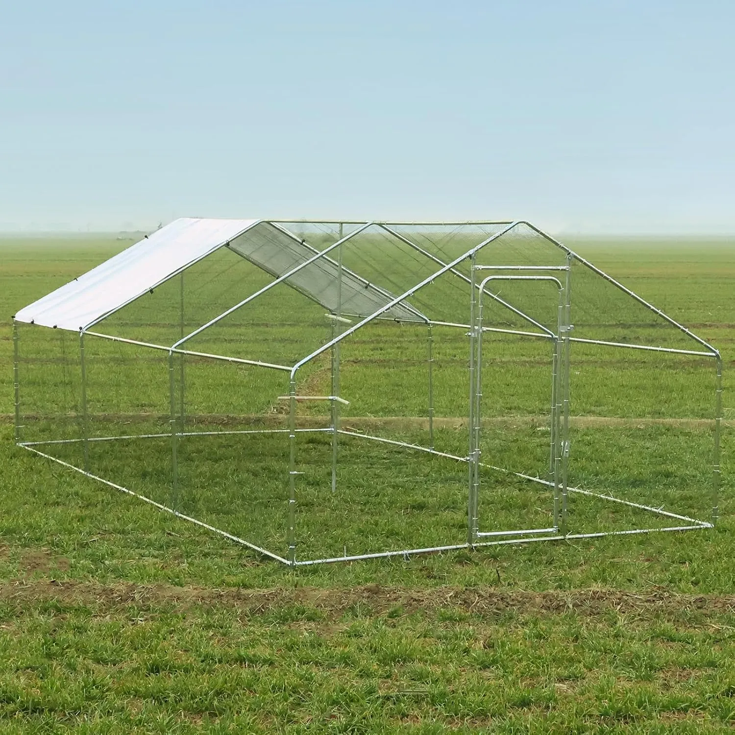 Chicken Coop Large Metal Chicken Run with Chicken Perch, Outdoor Dog Kennel with Roof Waterproof Anti-UV Cover Secure Lock for Outside Backyard Farm (19.7' L x 9.8' W x 6.72' H)