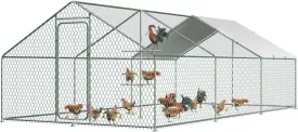 Chicken Coop Large Metal Chicken Run with Chicken Perch, Outdoor Dog Kennel with Roof Waterproof Anti-UV Cover Secure Lock for Outside Backyard Farm (19.7' L x 9.8' W x 6.72' H)