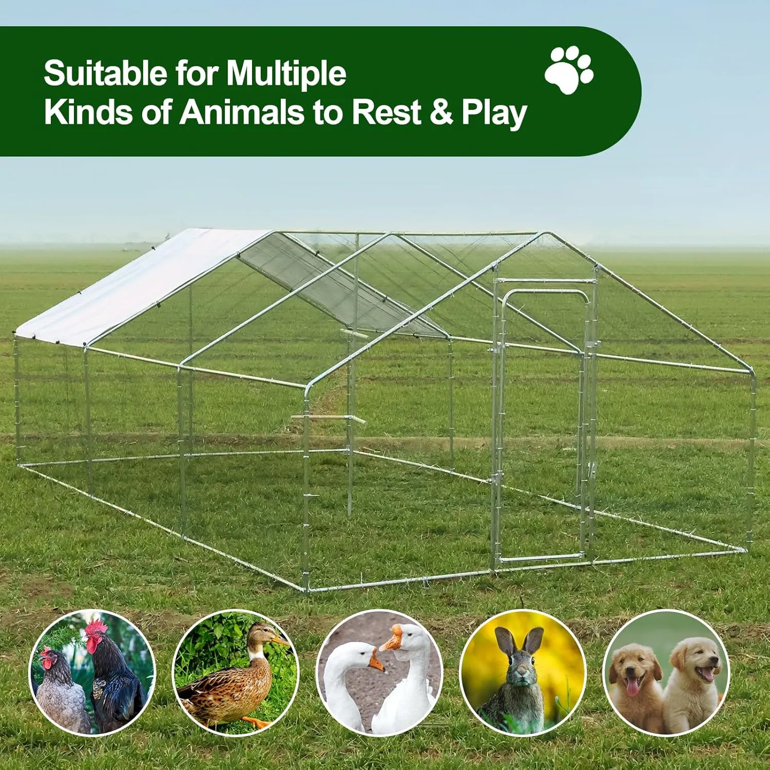 Chicken Coop Large Metal Chicken Run with Chicken Perch, Outdoor Dog Kennel with Roof Waterproof Anti-UV Cover Secure Lock for Outside Backyard Farm (19.7' L x 9.8' W x 6.72' H)