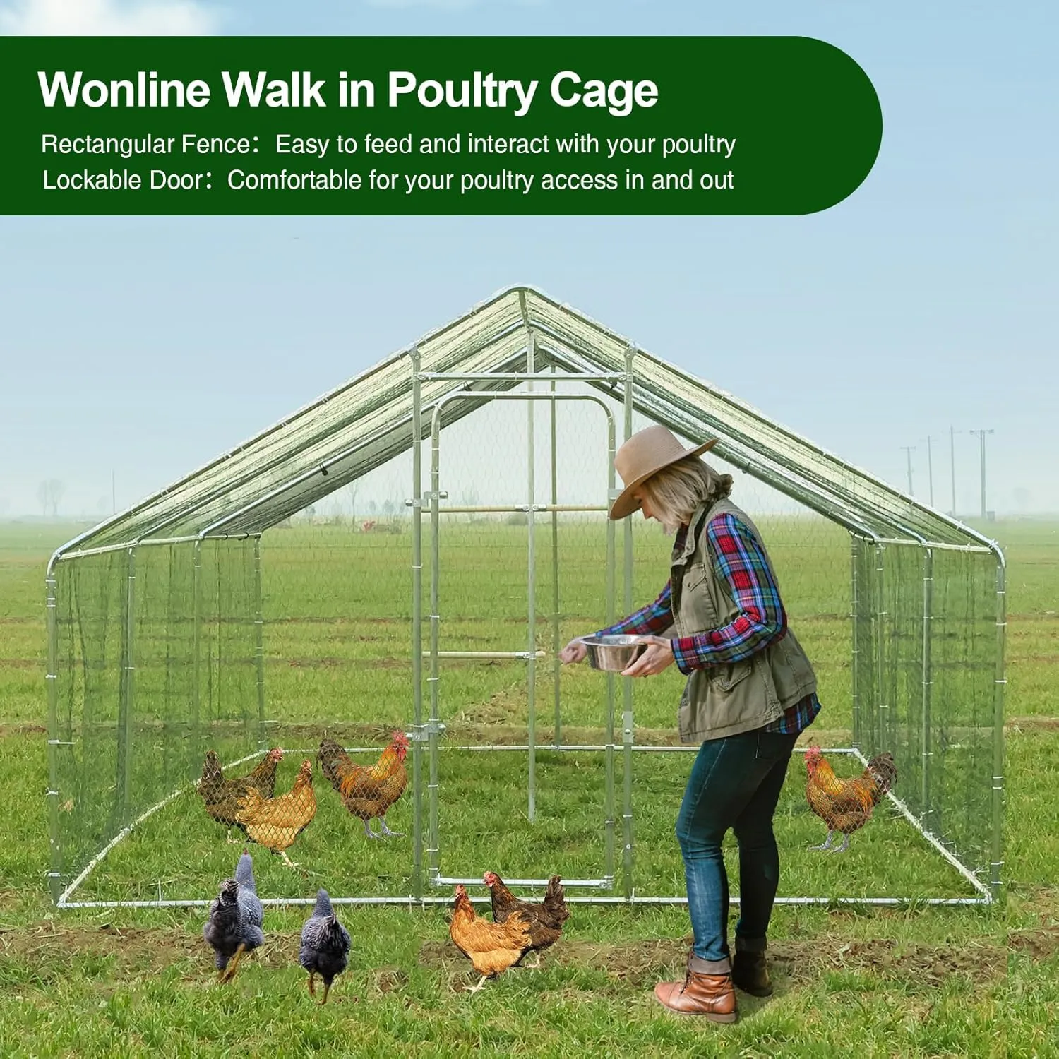 Chicken Coop Large Metal Chicken Run with Chicken Perch, Outdoor Dog Kennel with Roof Waterproof Anti-UV Cover Secure Lock for Outside Backyard Farm (19.7' L x 9.8' W x 6.72' H)