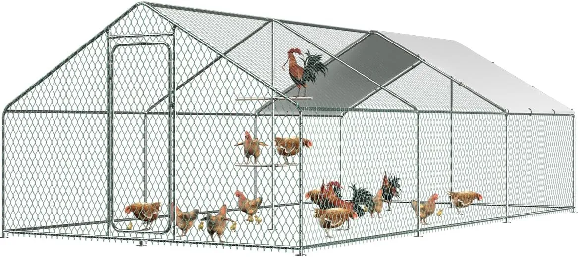 Chicken Coop Large Metal Chicken Run with Chicken Perch, Outdoor Dog Kennel with Roof Waterproof Anti-UV Cover Secure Lock for Outside Backyard Farm (19.7' L x 9.8' W x 6.72' H)