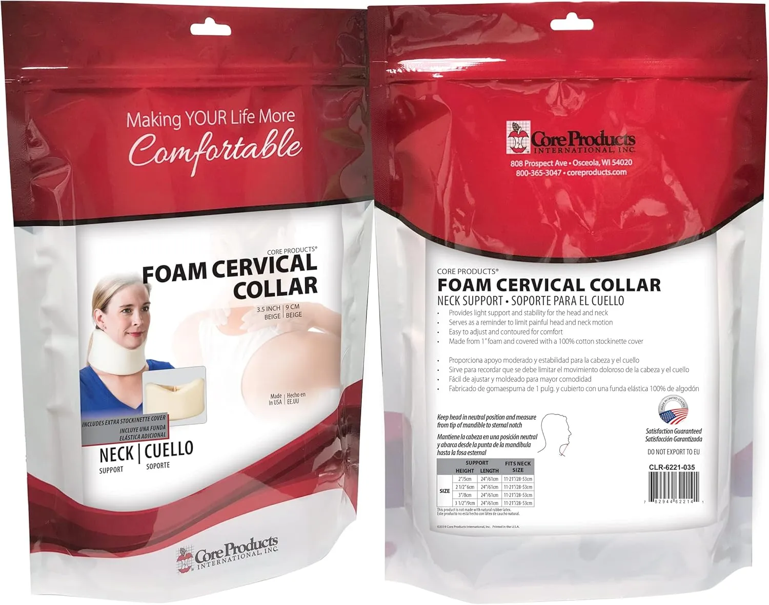 Core Products Foam Cervical Collar Neck Support Brace - Beige, XLarge- 3.5" Chin to Sternal Notch