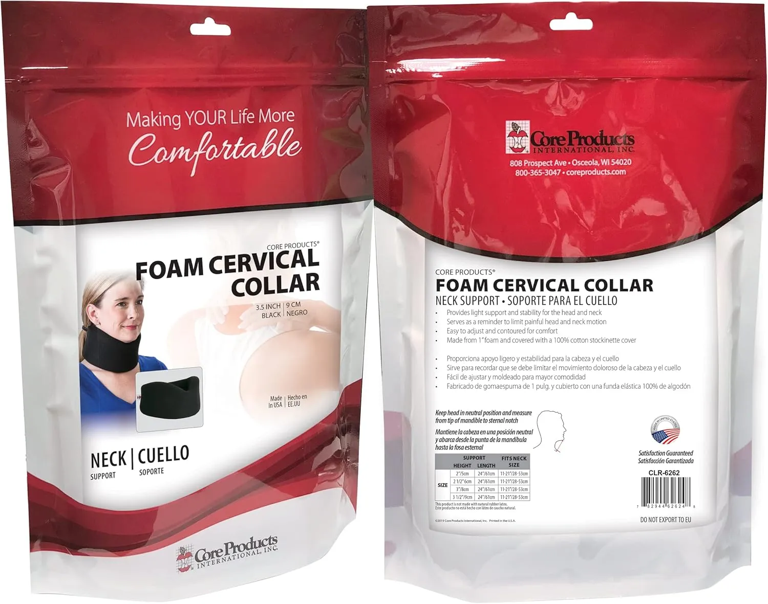 Core Products Soft Foam Cervical Collar Neck Support Brace, Helps Stabilize Vertebrae & Relieve Spinal Pressure for Men & Women - Black, X-Large Fits (3.2-3.7 inch) Height