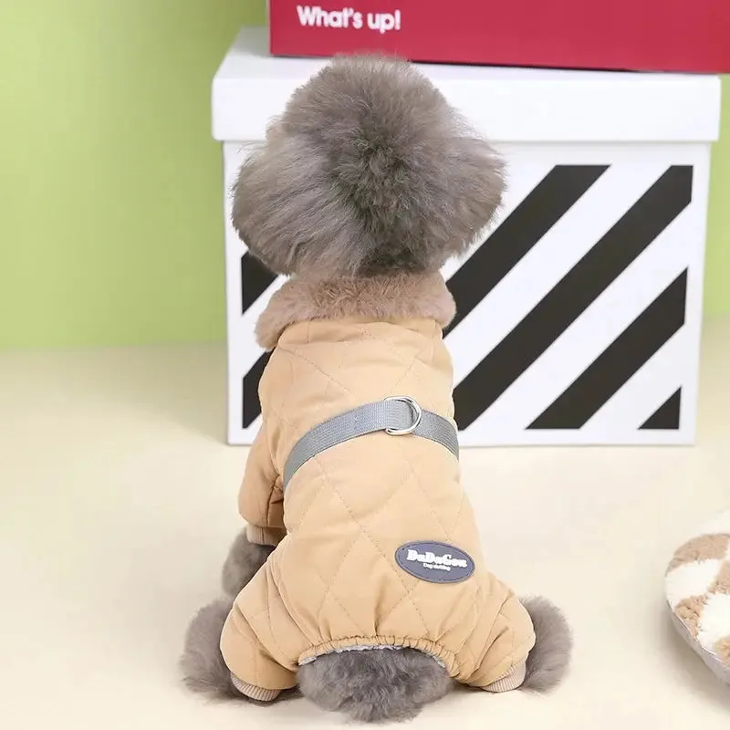 Cozy Fur Collar Dog Overalls with D-Ring