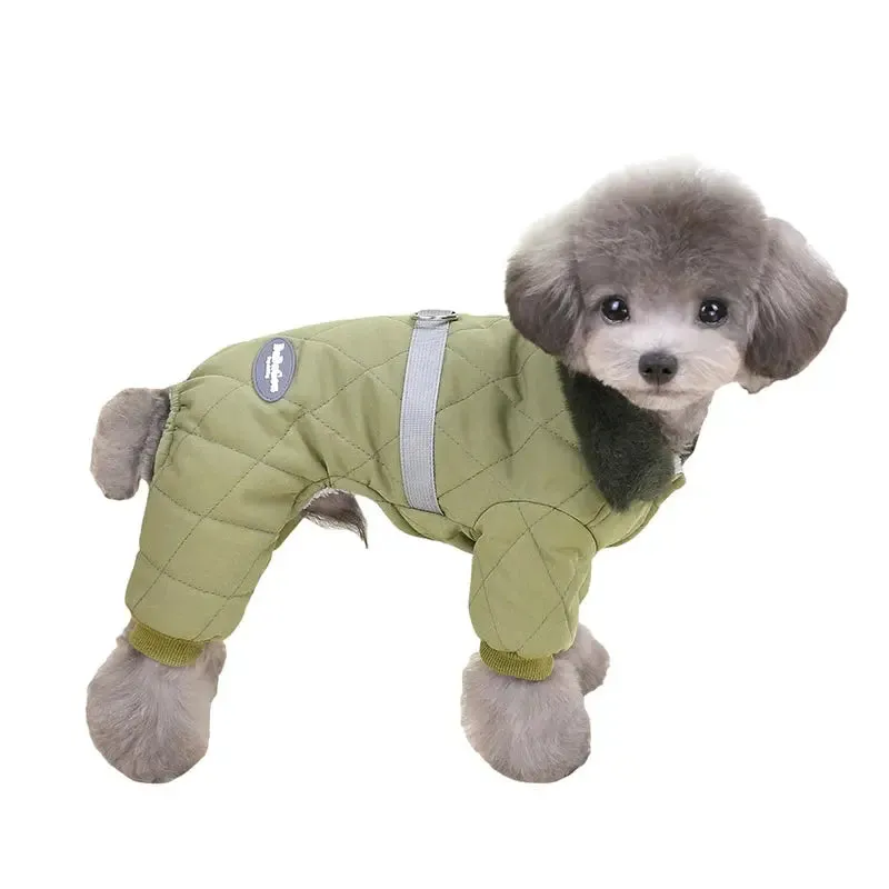 Cozy Fur Collar Dog Overalls with D-Ring