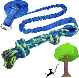 Dog Bungee Tug Toy Hanging from Tree,Outdoor Tether Tug of War Interactive Dog Rope with Chew Lure for Small Medium Large Dogs (Blue)
