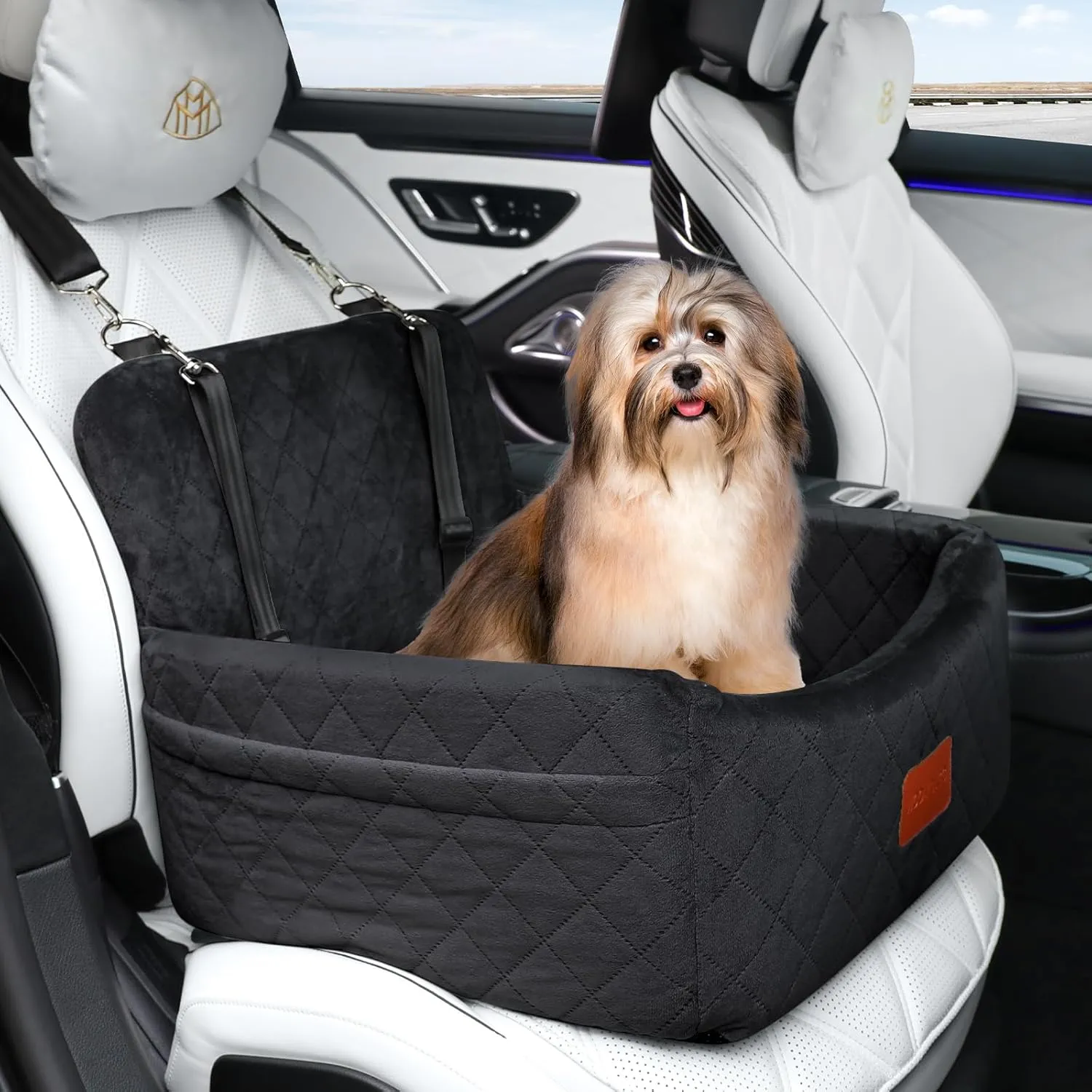Dog Car Seat for Small Dogs Under 25 lbs, Washable Pet Travel Bed with Memory Foam, Detachable Cover, Storage Pockets & Safety Leash, Non-Slip Bottom(Black)
