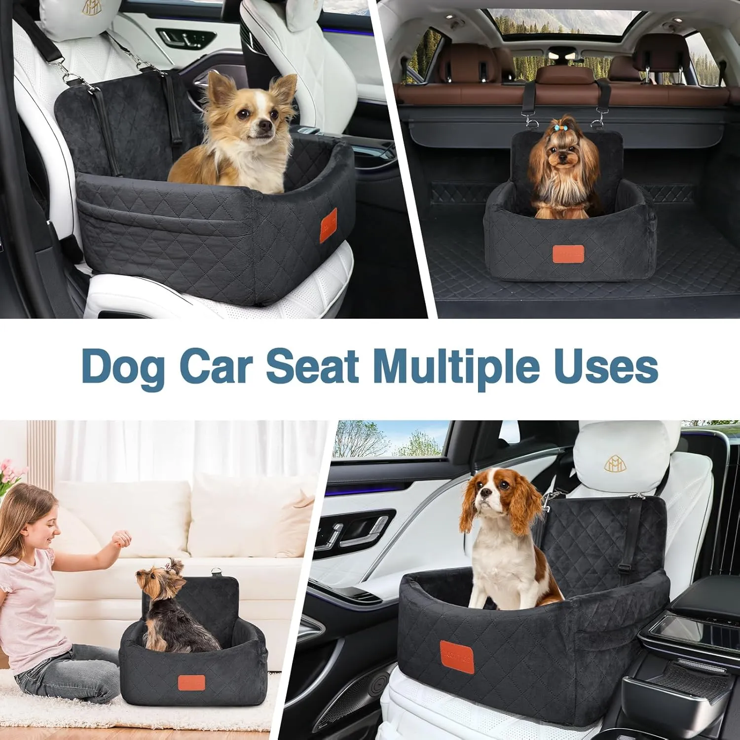 Dog Car Seat for Small Dogs Under 25 lbs, Washable Pet Travel Bed with Memory Foam, Detachable Cover, Storage Pockets & Safety Leash, Non-Slip Bottom(Black)