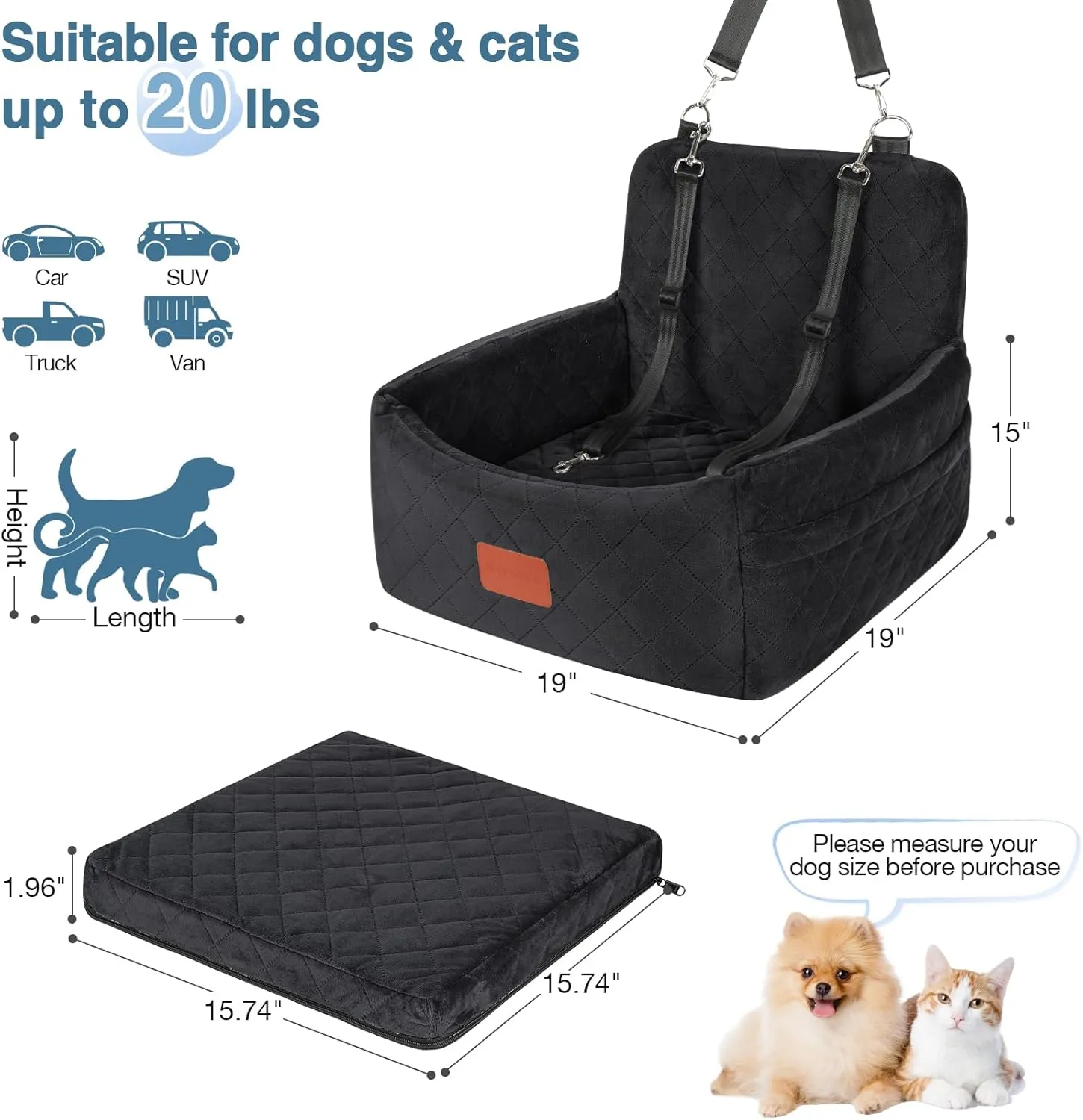 Dog Car Seat for Small Dogs Under 25 lbs, Washable Pet Travel Bed with Memory Foam, Detachable Cover, Storage Pockets & Safety Leash, Non-Slip Bottom(Black)