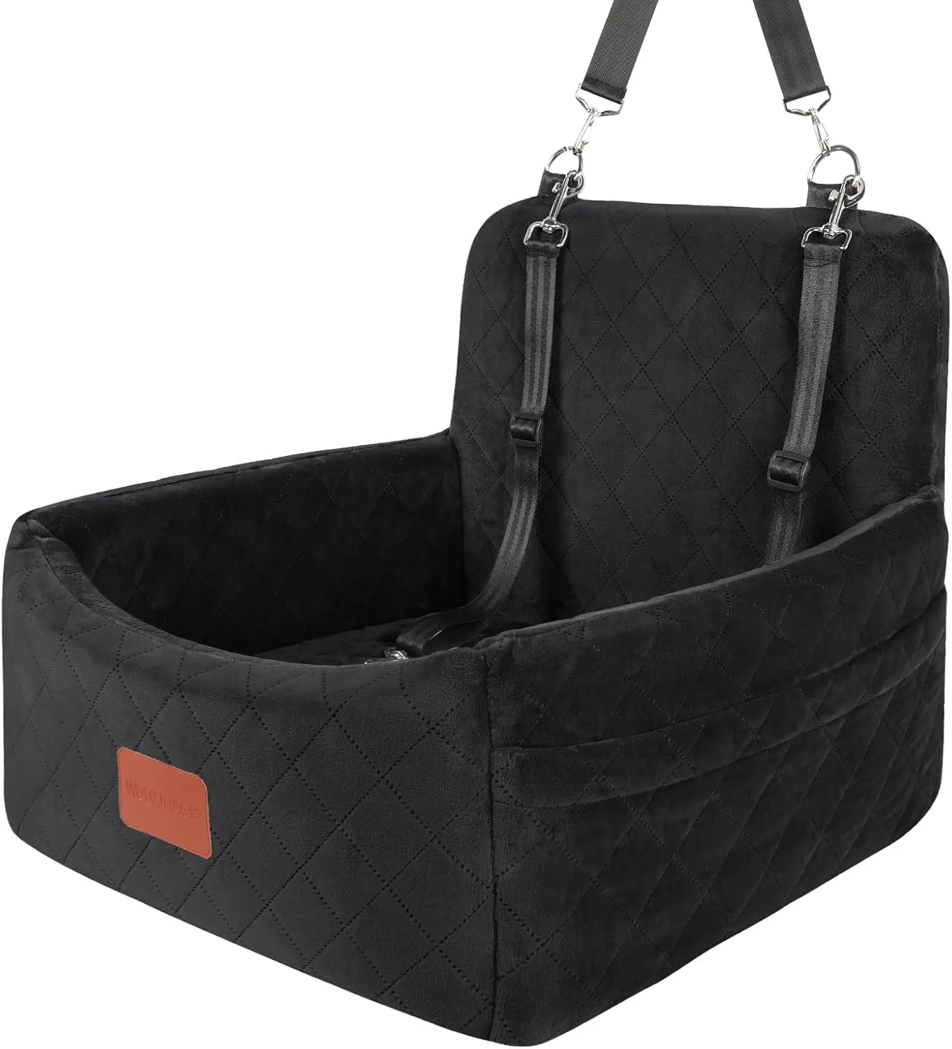 Dog Car Seat for Small Dogs Under 25 lbs, Washable Pet Travel Bed with Memory Foam, Detachable Cover, Storage Pockets & Safety Leash, Non-Slip Bottom(Black)