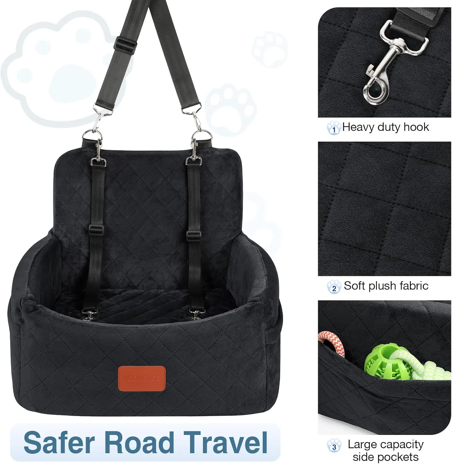 Dog Car Seat for Small Dogs Under 25 lbs, Washable Pet Travel Bed with Memory Foam, Detachable Cover, Storage Pockets & Safety Leash, Non-Slip Bottom(Black)