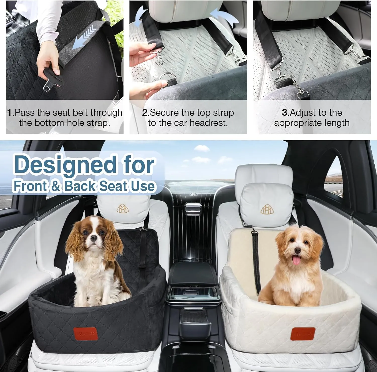 Dog Car Seat for Small Dogs Under 25 lbs, Washable Pet Travel Bed with Memory Foam, Detachable Cover, Storage Pockets & Safety Leash, Non-Slip Bottom(Black)