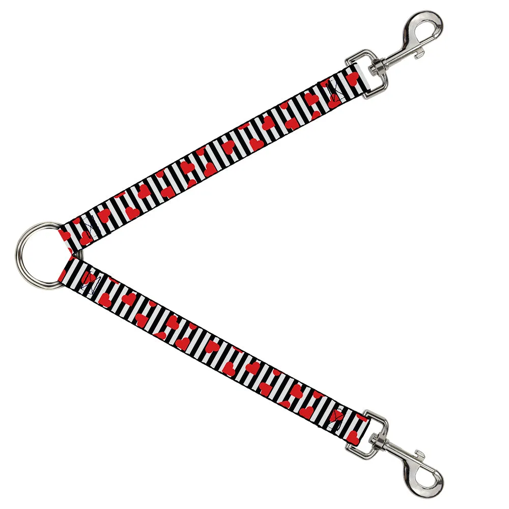 Dog Leash Splitter - Hearts Scattered/Stripe White/Black/Red