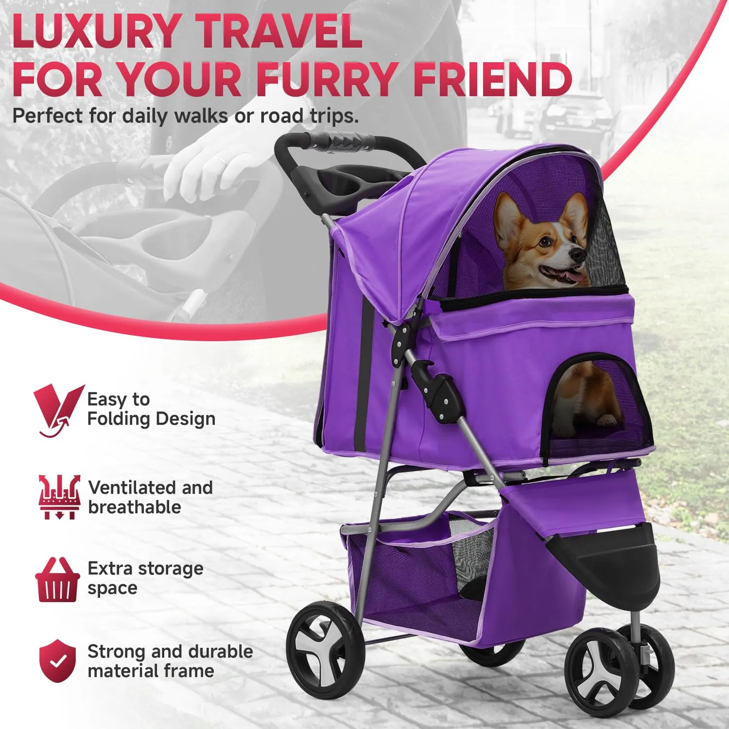 Dog Stroller for Small Pets - 3-Wheel Foldable Design with Storage Basket, Cup Holders & Breathable Mesh, CAAP-DGS-A78-PP