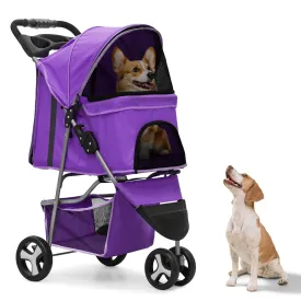 Dog Stroller for Small Pets - 3-Wheel Foldable Design with Storage Basket, Cup Holders & Breathable Mesh, CAAP-DGS-A78-PP