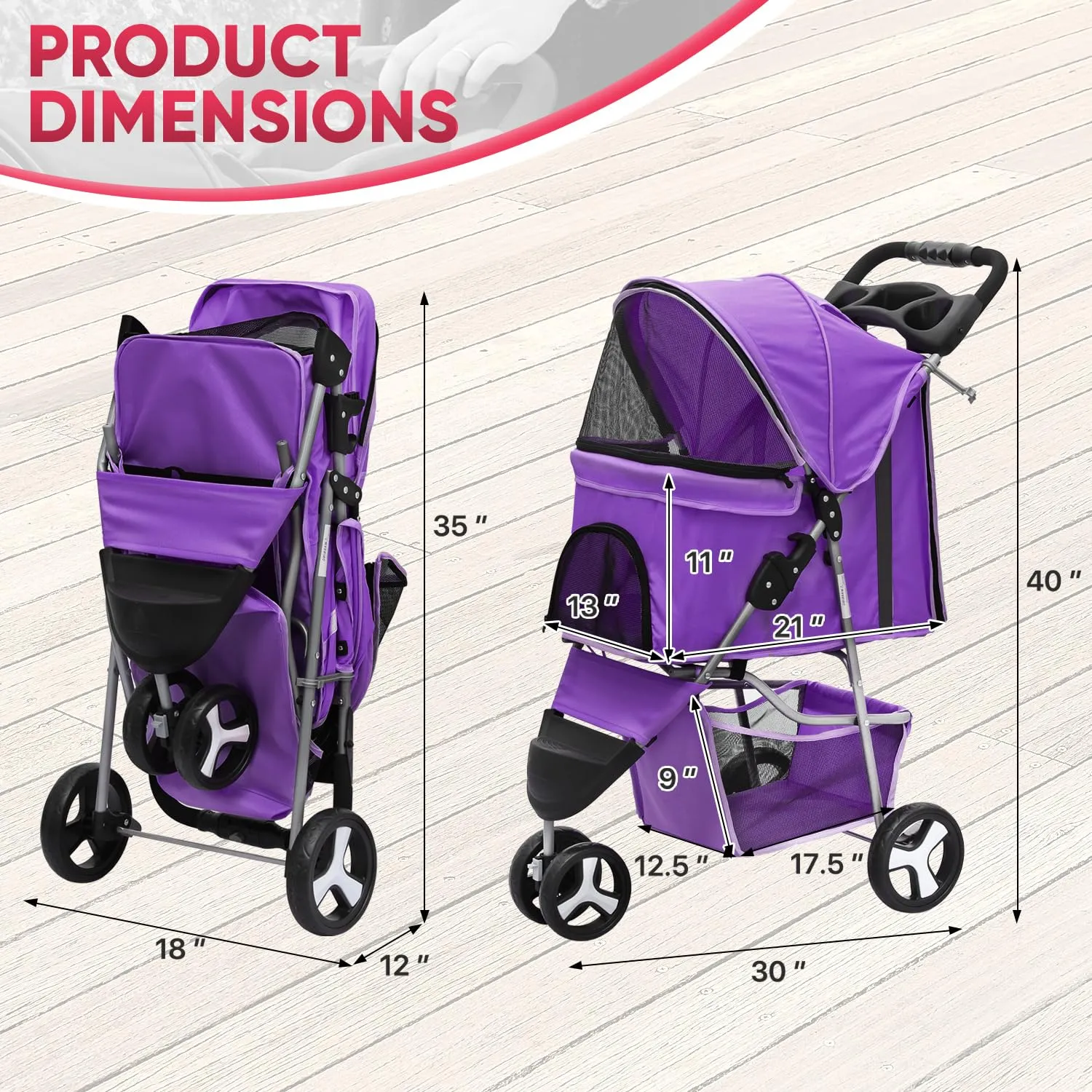 Dog Stroller for Small Pets - 3-Wheel Foldable Design with Storage Basket, Cup Holders & Breathable Mesh, CAAP-DGS-A78-PP