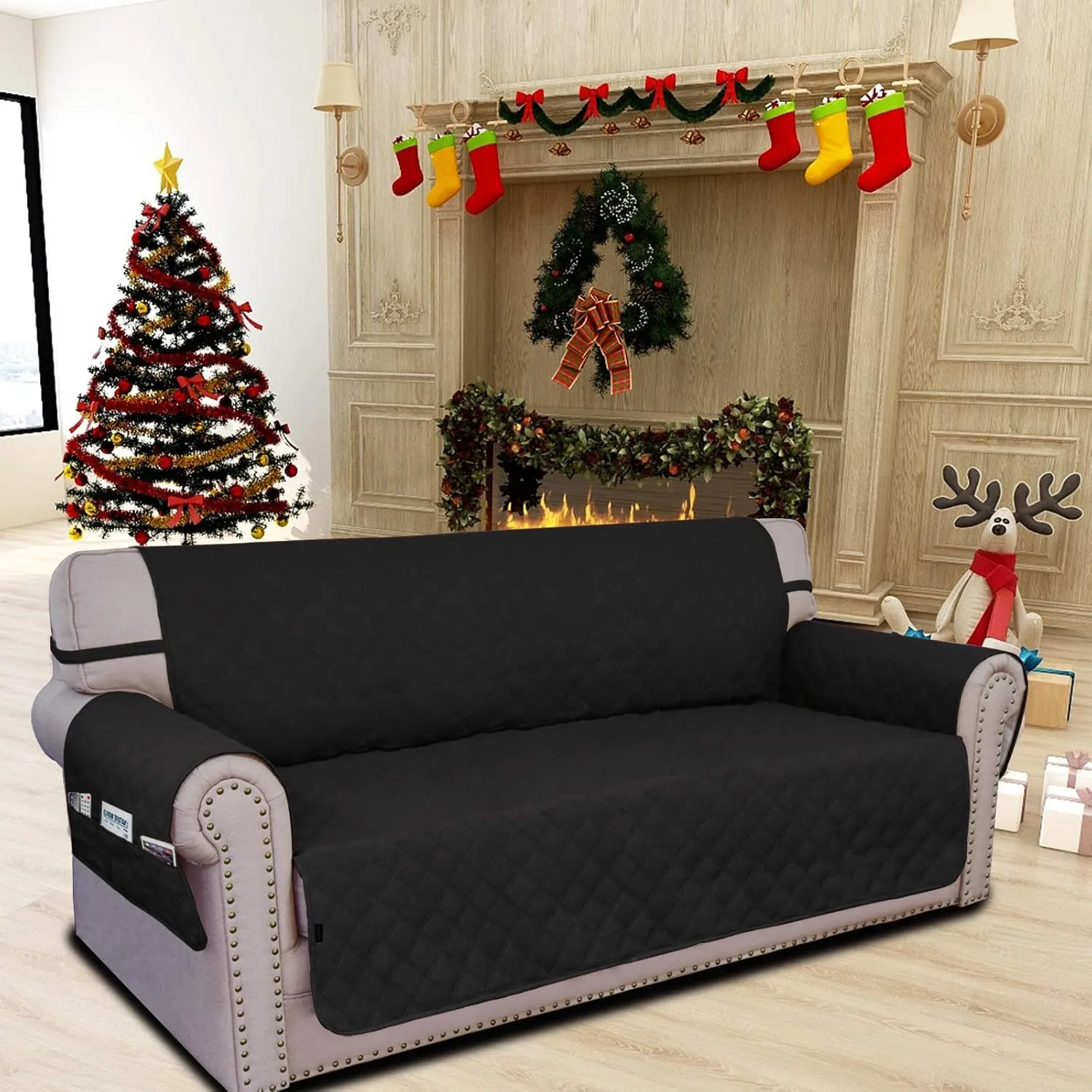 Easy-Going Sofa Slipcover Waterproof Couch Cover for 3 Cushion Couch Sofa Cover Furniture Protector Cover Pets Covers Washable Non-Slip Fabric Pets Kids Children Dog Cat (Sofa, Black)