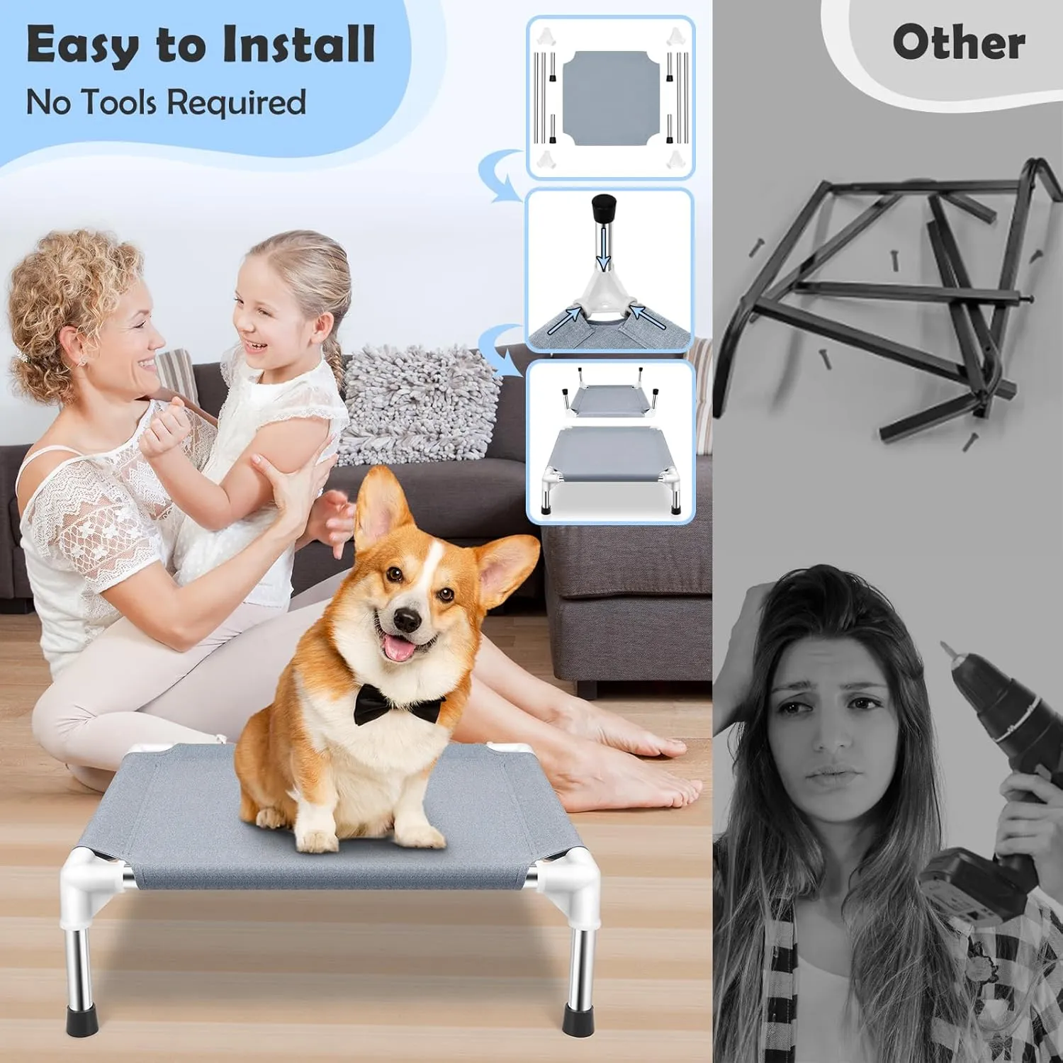 Elevated Dog Bed for Small Dogs, Outdoor Cooling Dog Bed Cot for Small Pets, Indoor Detachable Raised Dog Bed with Non-Slip Feet, Double Layer Polyester Cotton