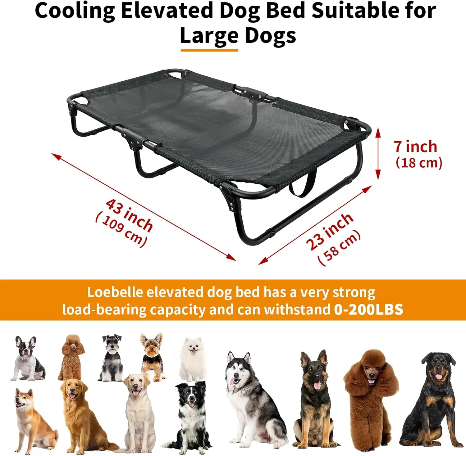 Elevated Raised Dog Bed for Large Sized Dogs Foldable Outdoor Cooling Dog Bed Cot with Breathable Mesh, Chew-Proof, No Assembly Need, Black