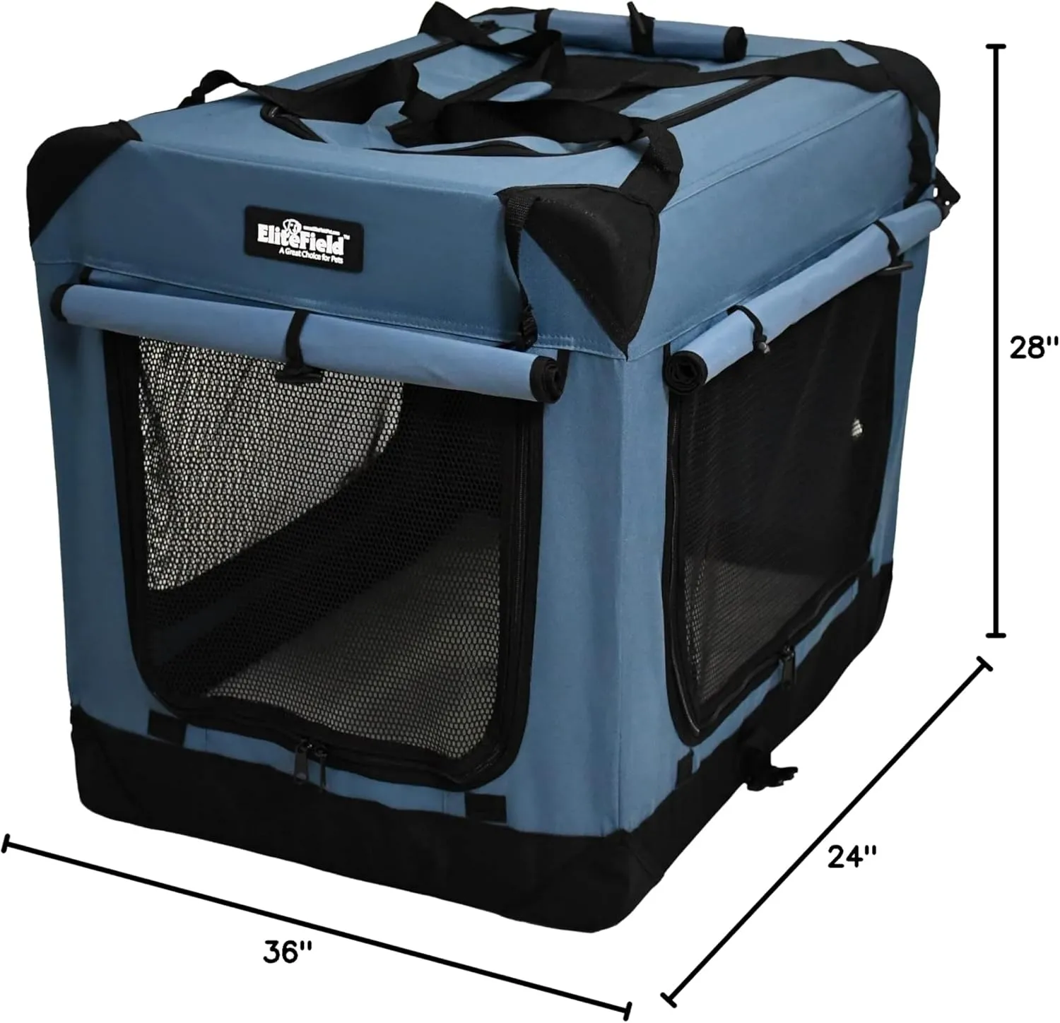 EliteField 4-Door Folding Soft Dog Crate with Curtains, Carrying Bag and Fleece Bed (2 Year Warranty), Indoor & Outdoor Pet Home (36" L x 24" W x 28" H, Blue Gray 4 Door Curtains)