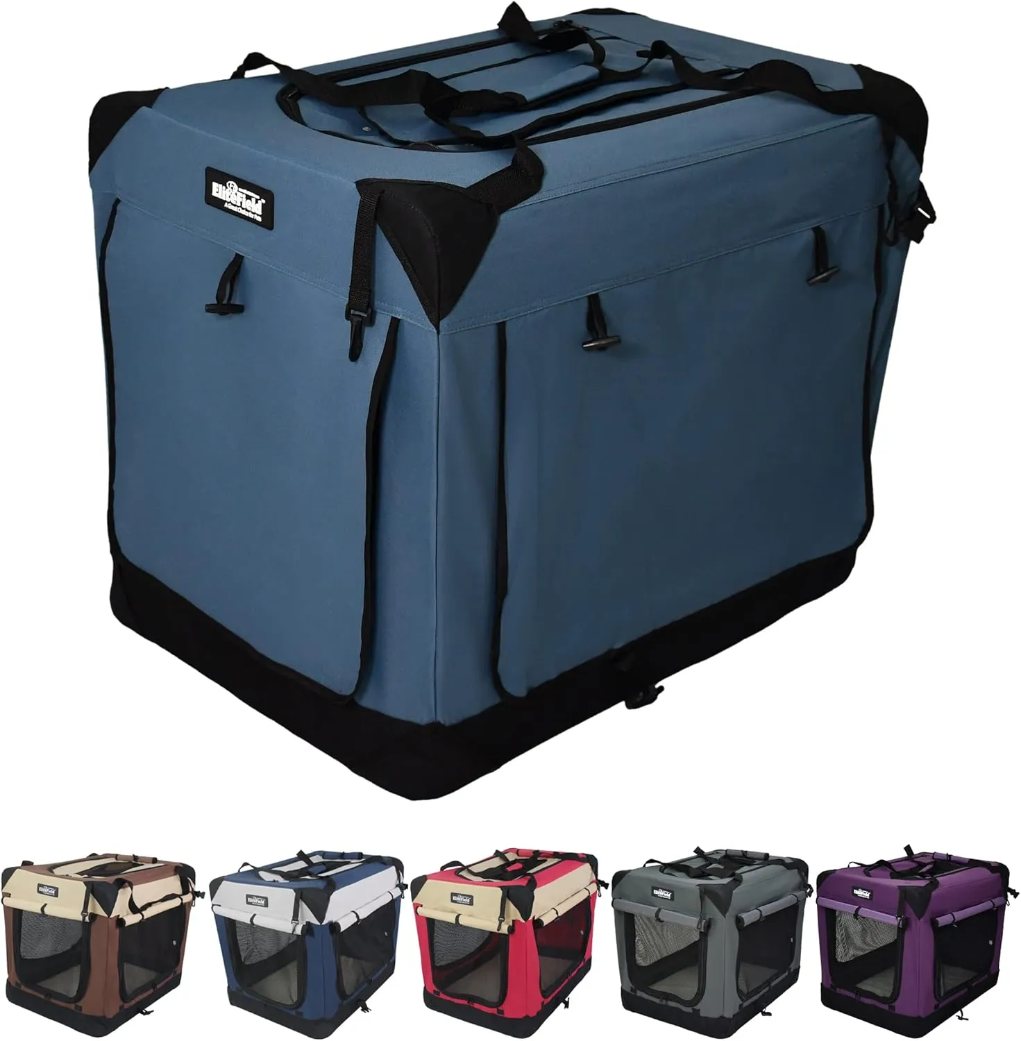 EliteField 4-Door Folding Soft Dog Crate with Curtains, Carrying Bag and Fleece Bed (2 Year Warranty), Indoor & Outdoor Pet Home (36" L x 24" W x 28" H, Blue Gray 4 Door Curtains)