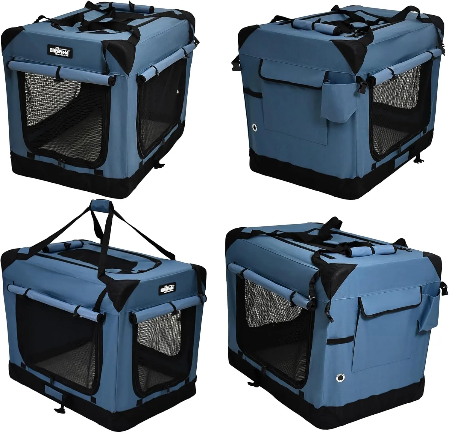 EliteField 4-Door Folding Soft Dog Crate with Curtains, Carrying Bag and Fleece Bed (2 Year Warranty), Indoor & Outdoor Pet Home (36" L x 24" W x 28" H, Blue Gray 4 Door Curtains)