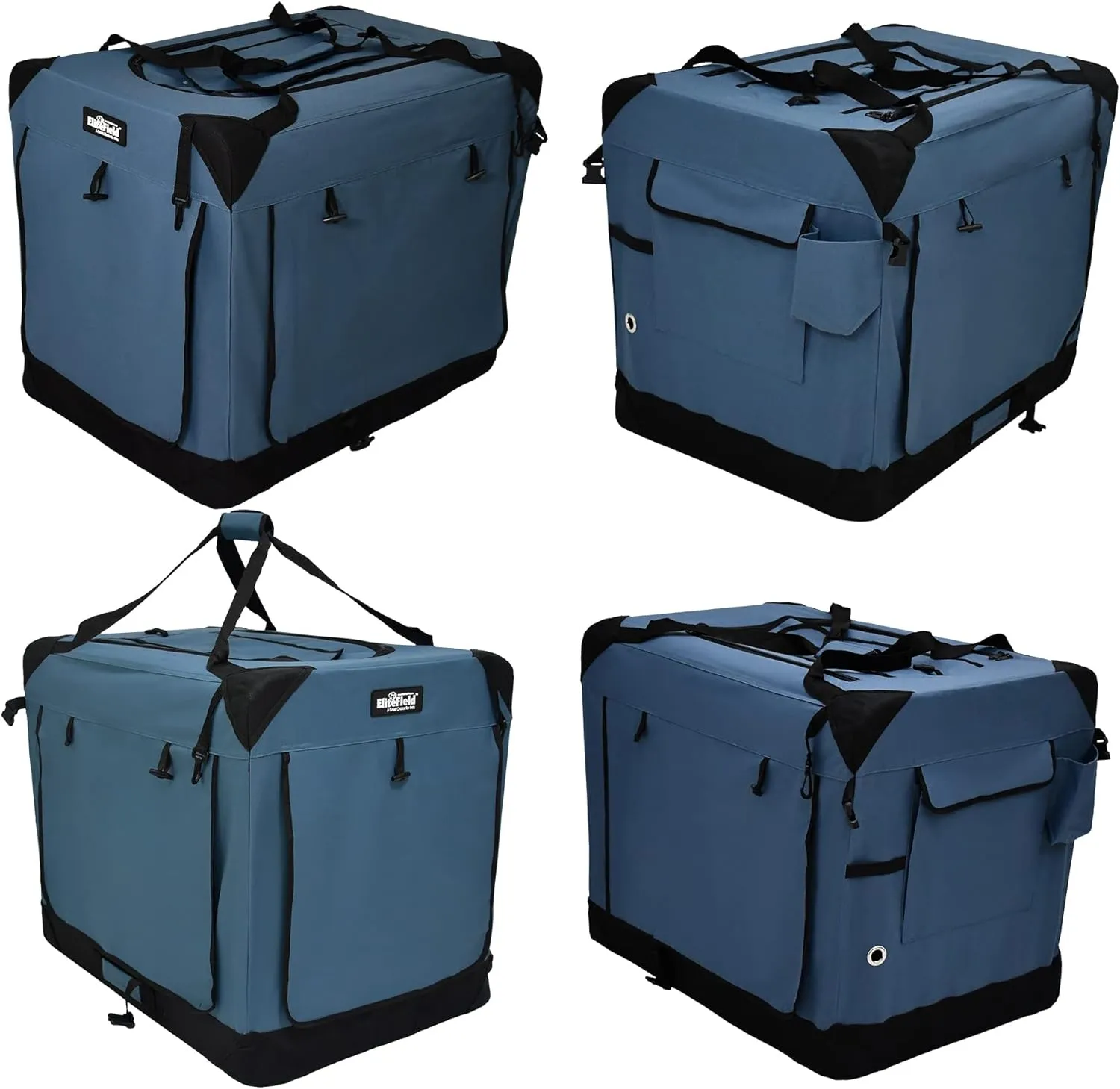 EliteField 4-Door Folding Soft Dog Crate with Curtains, Carrying Bag and Fleece Bed (2 Year Warranty), Indoor & Outdoor Pet Home (36" L x 24" W x 28" H, Blue Gray 4 Door Curtains)