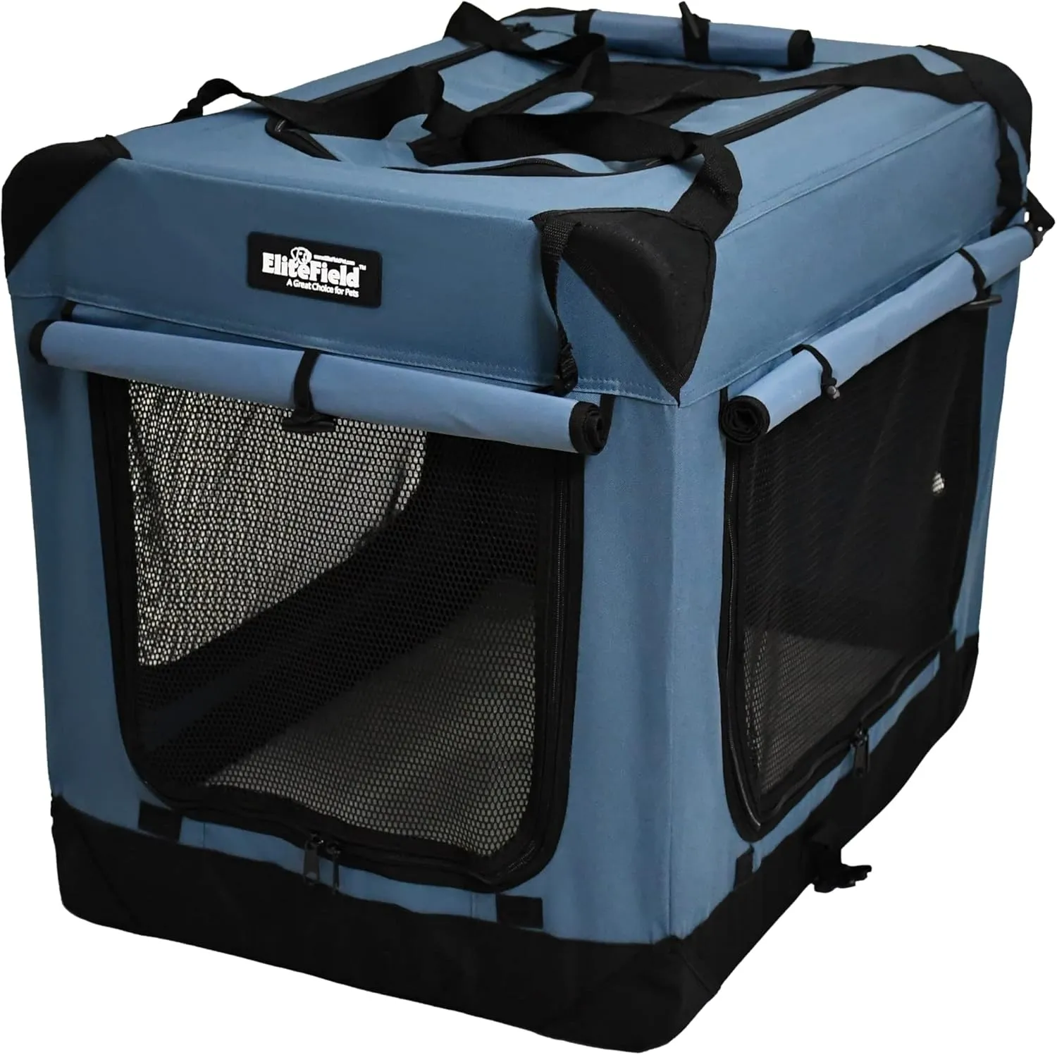 EliteField 4-Door Folding Soft Dog Crate with Curtains, Carrying Bag and Fleece Bed (2 Year Warranty), Indoor & Outdoor Pet Home (36" L x 24" W x 28" H, Blue Gray 4 Door Curtains)
